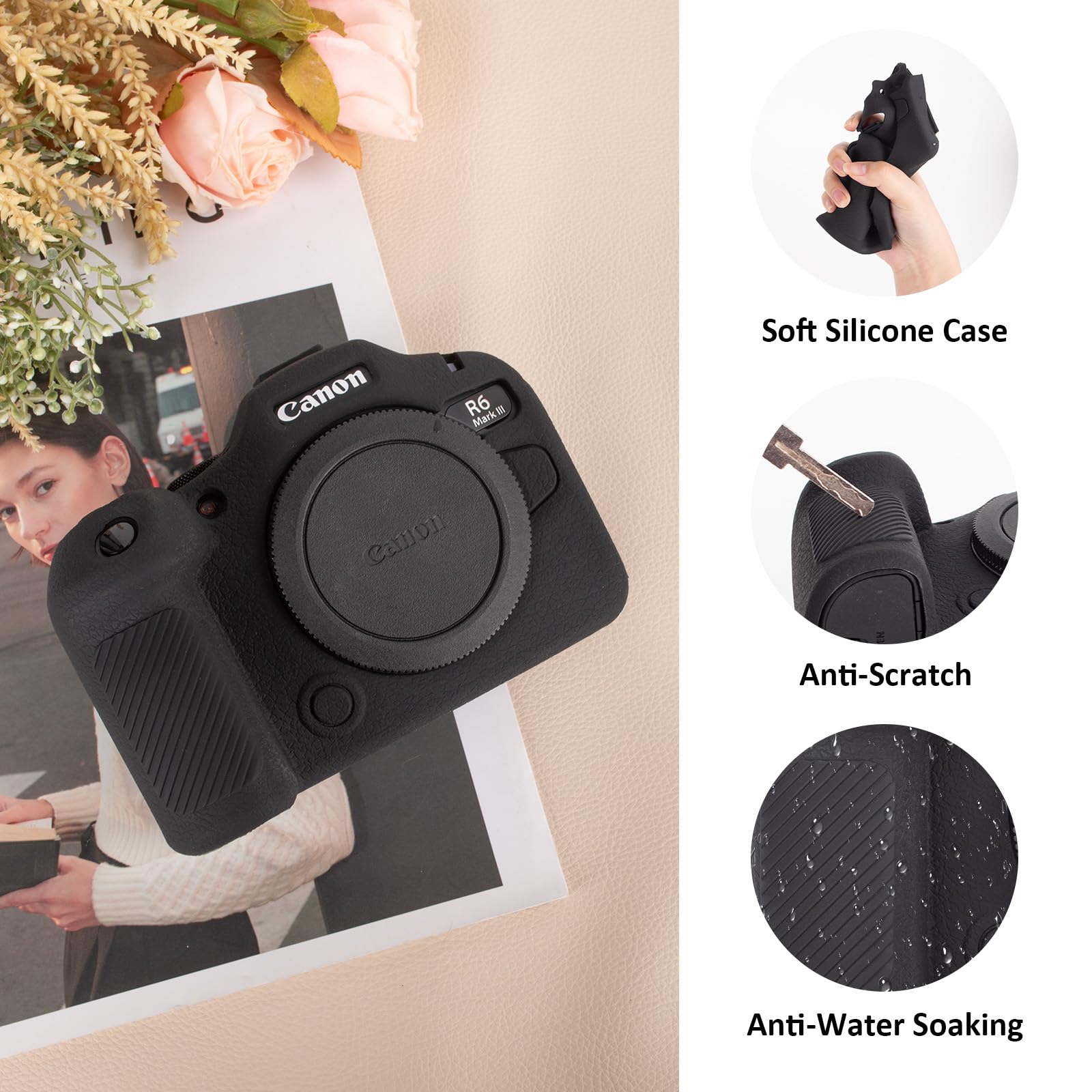 kinokoo Custodia per Canon EOS R6 Mark III, morbido silicone per fotocamera EOS R6 III/R6III/ R6 Mark III, Protezione completa con superficie opaca e impugnatura ergonomica - Nero