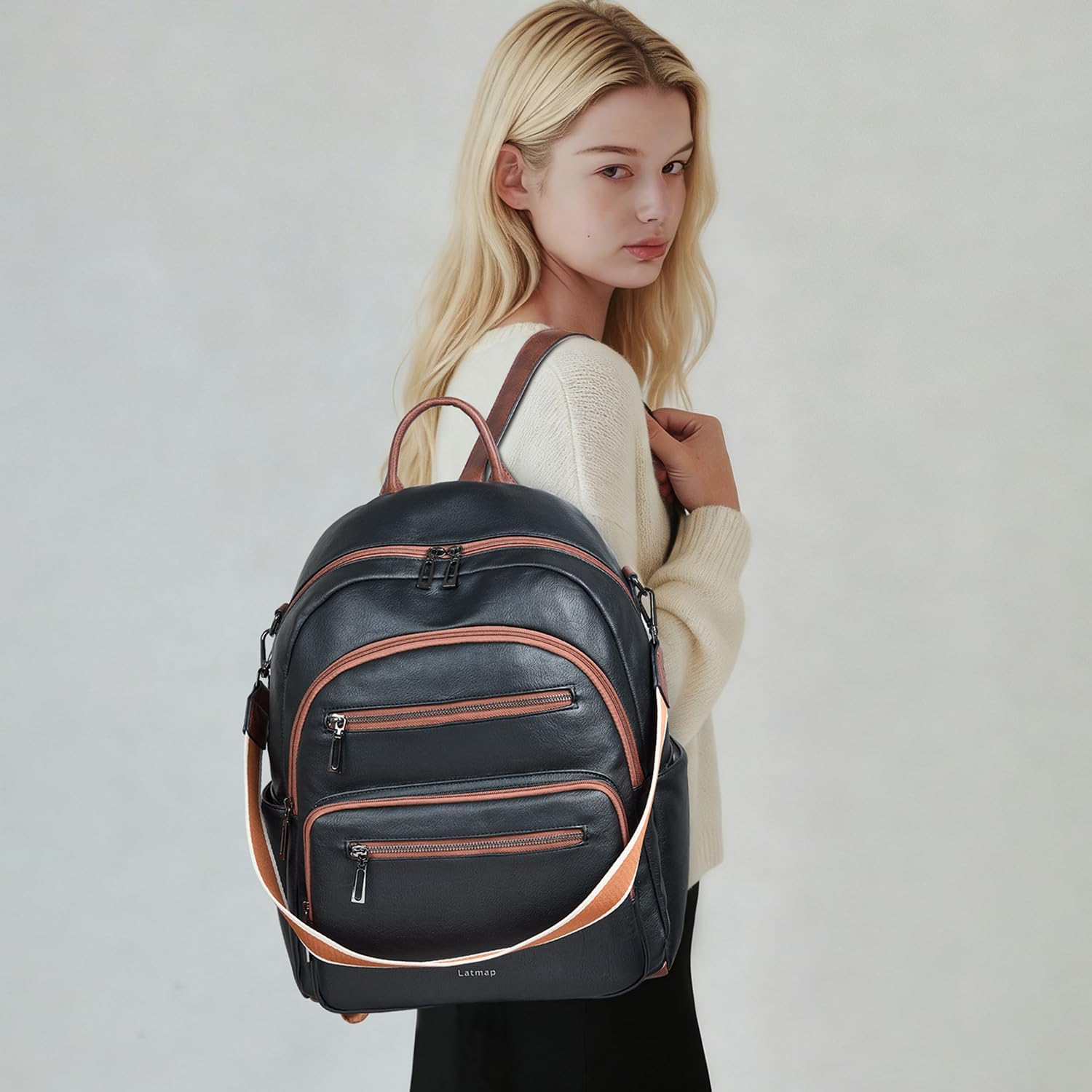 Backpack Purse for Women Laptop Backpack, Leather Travel Backpack Shoulder Bag Teacher College Daypack Work Handbag fits 14" Laptop-Black with Brown