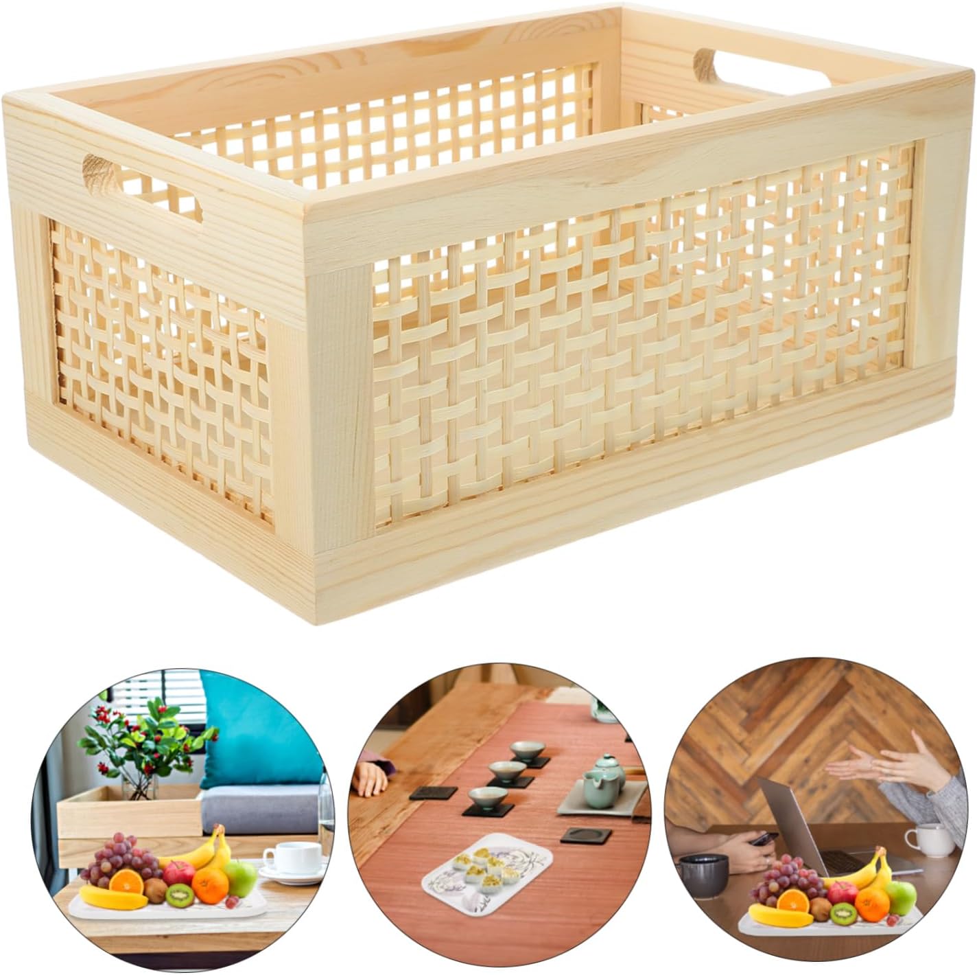 Bamboo Storage Boxes Woven Desktop Basket for Makeup Fruit Display Toys