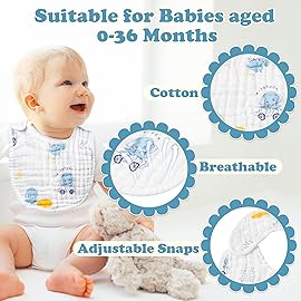 Zainpe 6Pcs Snap Muslin Cotton Baby Bibs Elephant Whale Rabbit Pattern Feeding Bib Adjustable Machine Washable Unisex Burp Cloths with 6 Absorbent & Soft Layers for Boys Girls Drooling Teething Eating