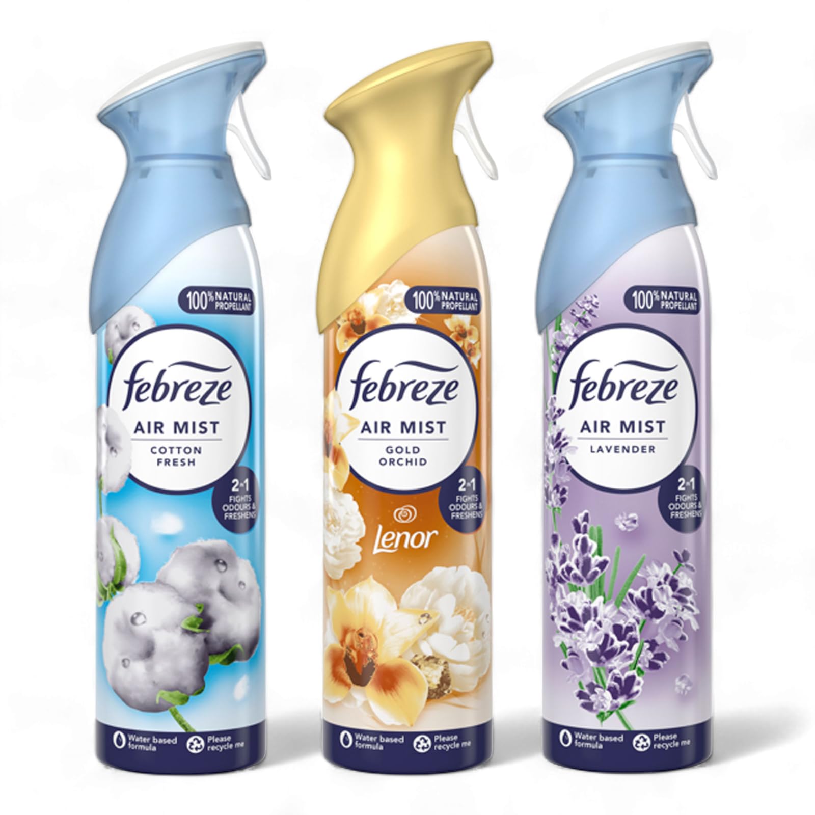 Febreze Air Freshener Spray bundle - 3 x 185ml - Cotton Fresh, Lenor Gold Orchid, Lavender - Air Freshener for Home, Room, Office