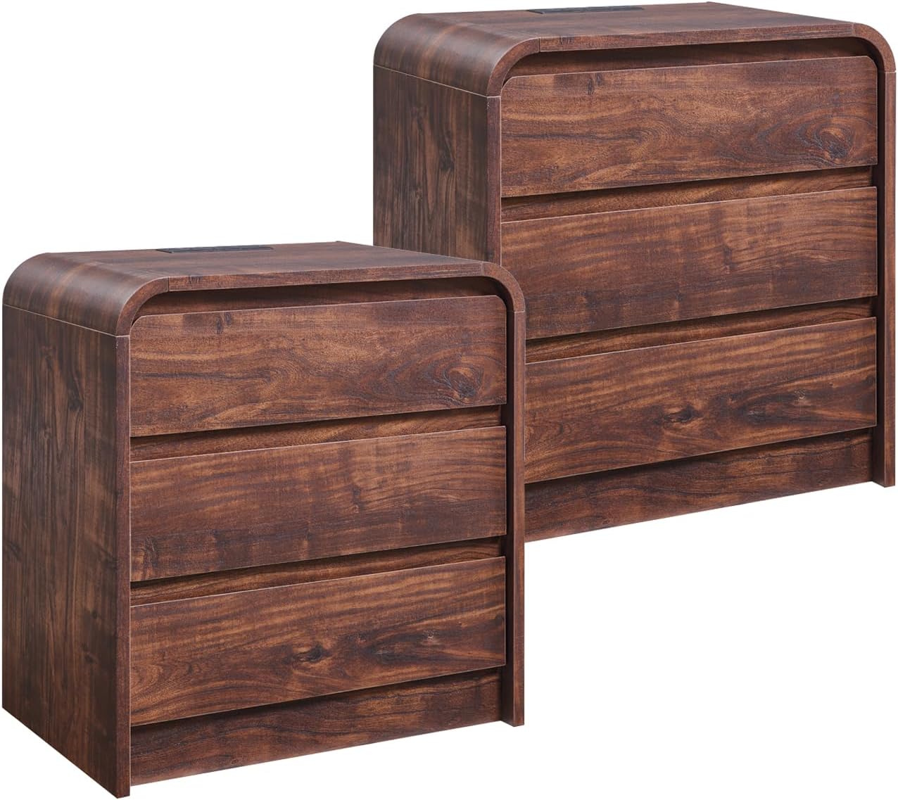 25" Tall Modern Nightstand with Charging Station, 23.6'' Wide Wood Bedside Table w/3 Storage Drawers, Small Dresser w/Curved Profile Design, End Table for Bedroom, Black