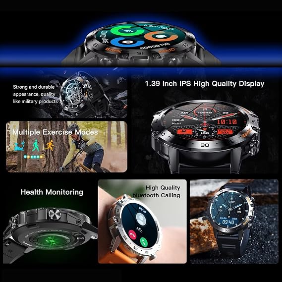 Smart Watch,Bluetooth Military Smartwatch Men,100+ Sports Modes Fashion Fitness Watches,Heart Rate Blood Pressure Blood Oxygen Monitoring,Black