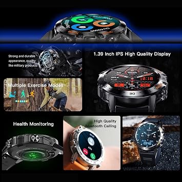 Smart Watch,Bluetooth Military Smartwatch Men,100+ Sports Modes Fashion Fitness Watches,Heart Rate Blood Pressure Blood Oxygen Monitoring,Black