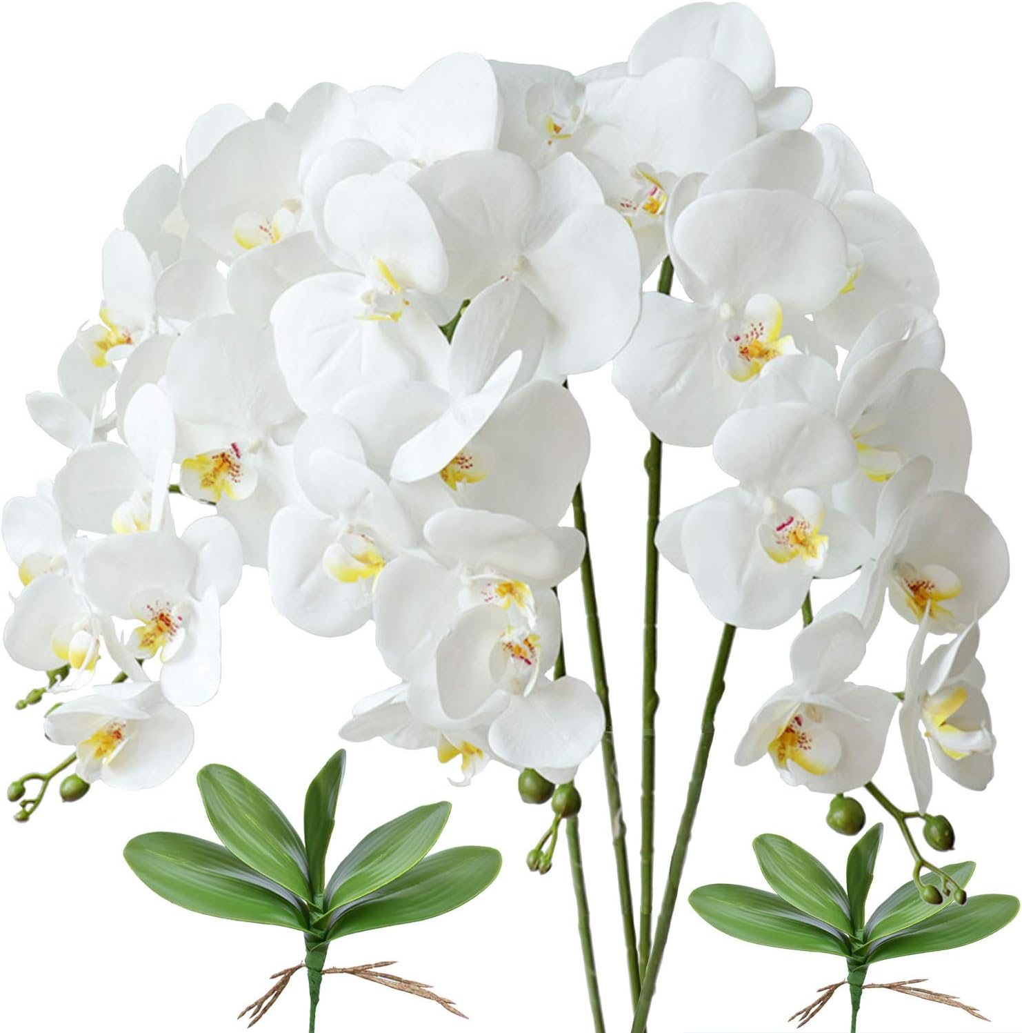 FagusHome 32" Artificial Phalaenopsis Flowers 4 Pcs with 2 bundles Leaves Artificial Orchid Flowers Stem Plants for Home Décor (White)