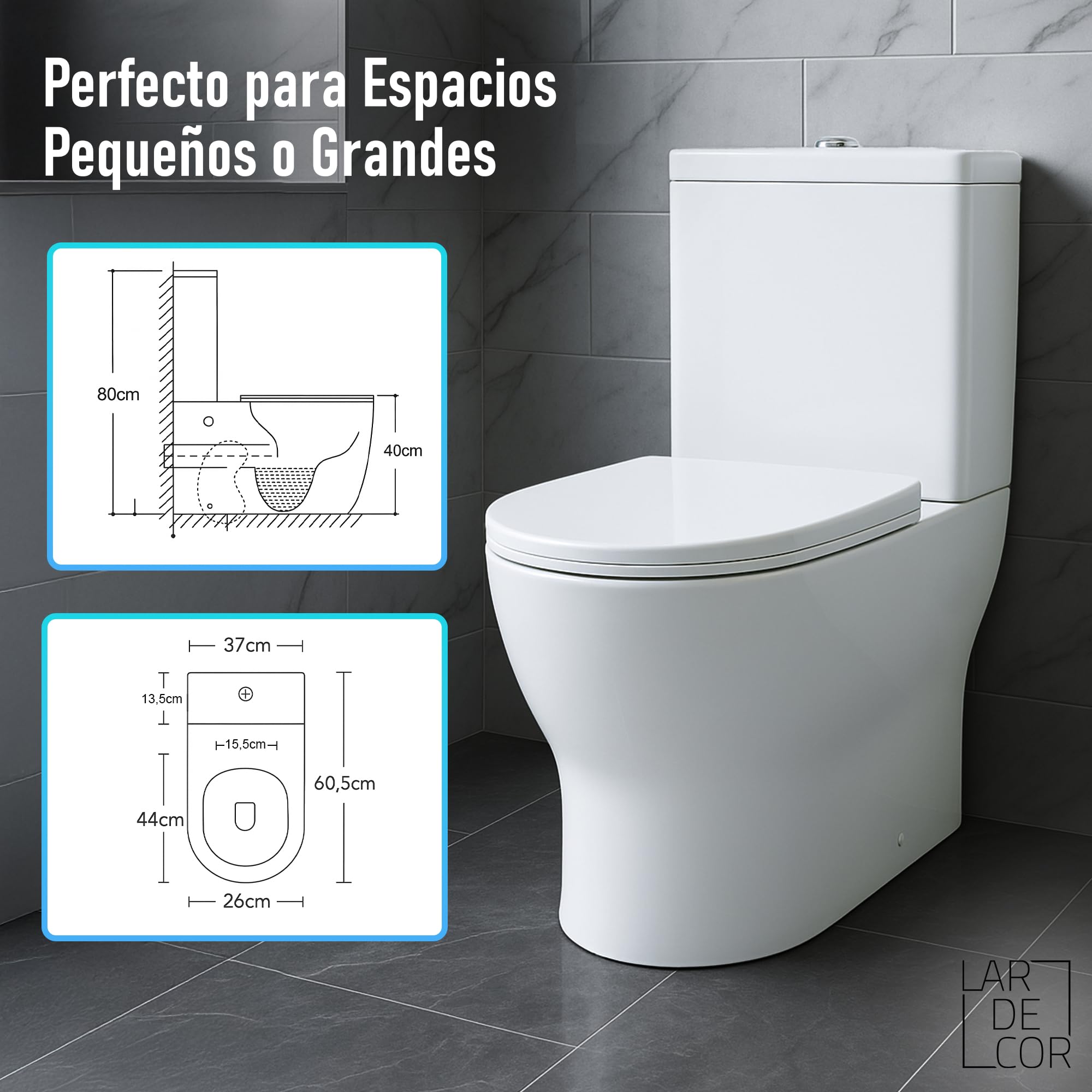 WC Inodoro Completo con Sistema Rimless Antibacterias | 605×370×800 mm | Váter de Baño de Cerámica, Tapa Dura Extrafina UF Amortiguada, Retrete de Doble Descarga y Ahorro de Agua (Blanco)