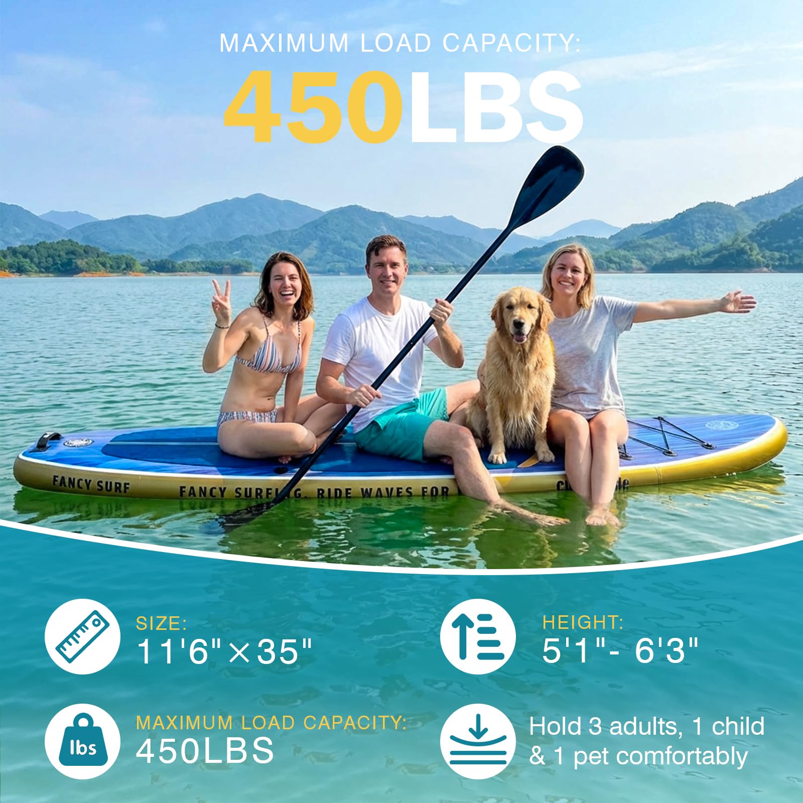 Tabla Paddle Surf Hinchable 351cm×89cm con Accesorios, soporta 200kg para Adultos. Incluye Bomba, Aletas, Mochila y Funda Impermeable móvil, Pesca, Yoga y Paseos.