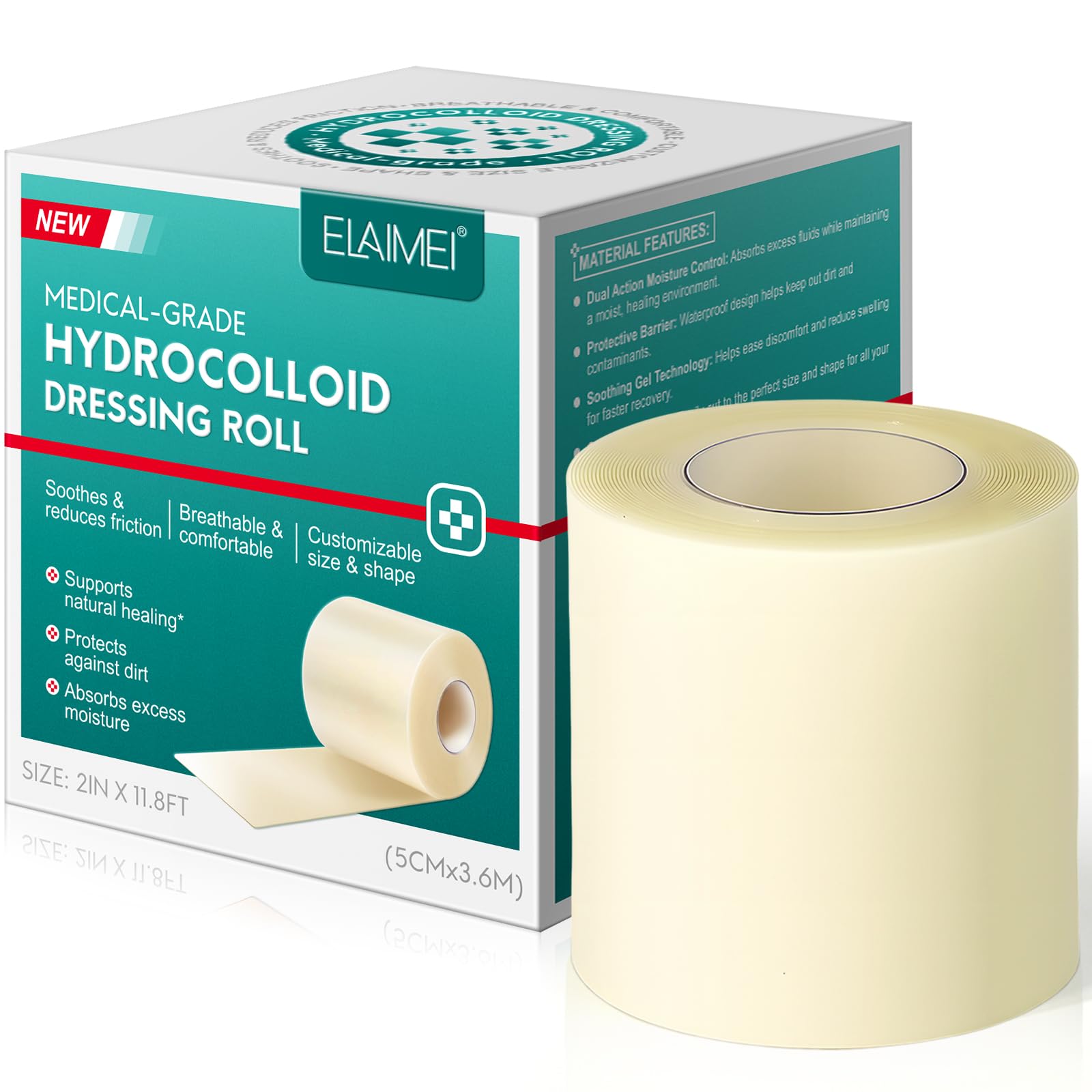 Hydrokolloid Rolle für Wundpflege 5CMX3.6M, Hydrokolloid Bandages Roll Tape, flexible und wasserdichte Dressing Tape-Hautfreundliche Bandage Patch für Blasen, Akne, kleinere Wunden, selbstklebend