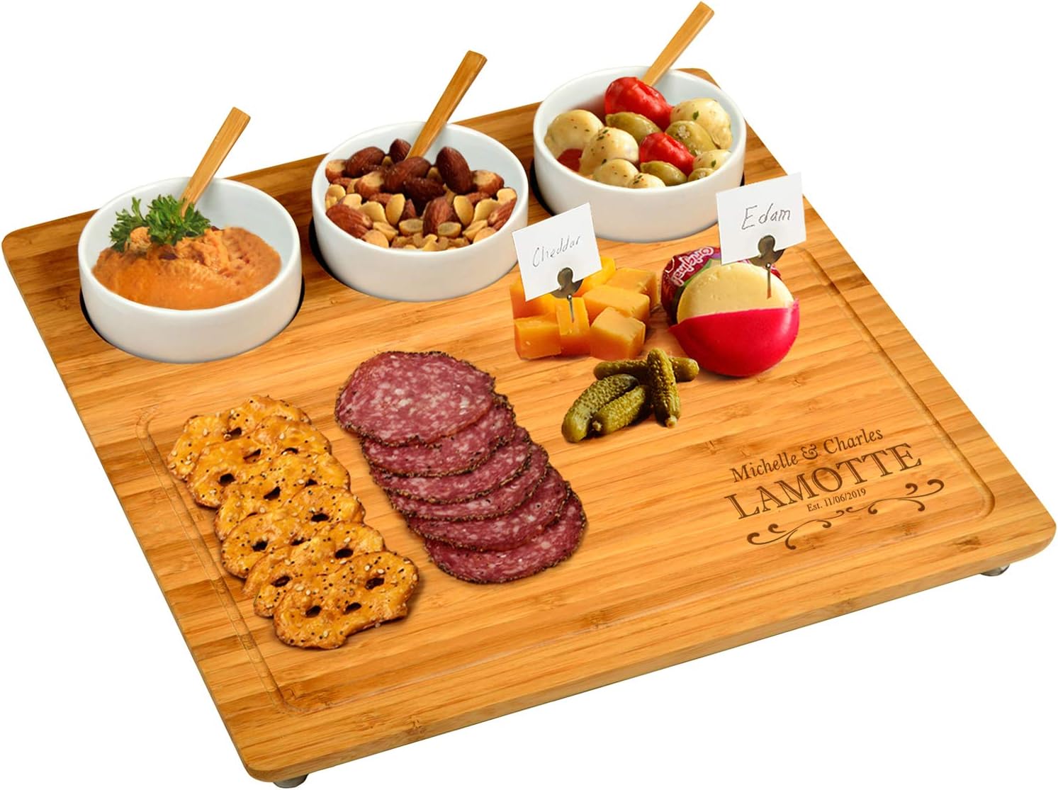 Picnic at Ascot Custom Personalized Engraved Bamboo Cheese/Charcuterie Cutting Board - Includes 3 Ceramic Bowls with Bamboo Spoons - Cheese Markers - Designed & Quality Checked in the USA