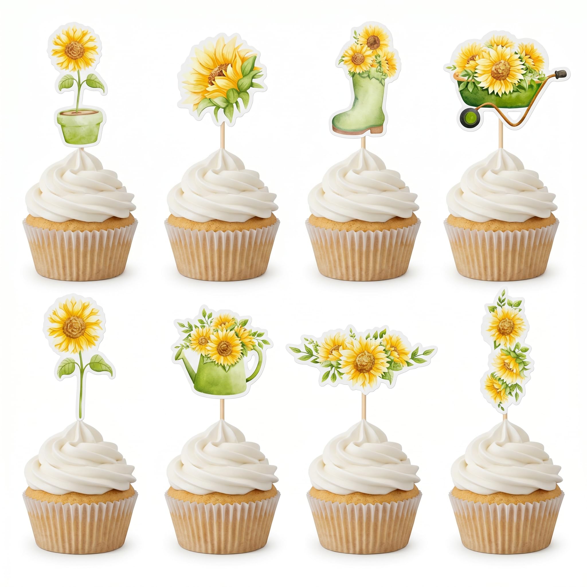Arthsdite 24Pcs Sunflower Cupcake Toppers, Watercolor Floral Picks for Rustic Wedding, Bridal Shower, Summer Garden Party Dessert Decorations — image 1