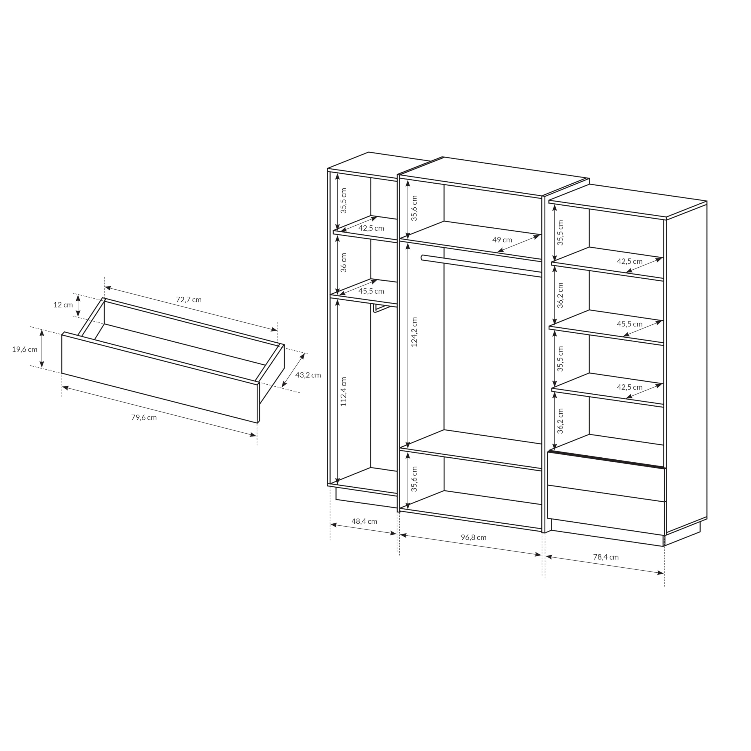 3D Schlafzimmer-Set 3-teilig: Bett Mit Zwei Nachttischen, Großer Kleiderschrank Mit Spiegel, Kommode - Kinderzimmer Weiß Eiche