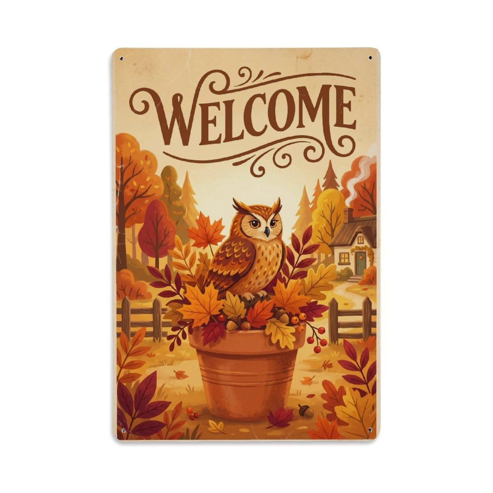 Cxhjca 8X12inch(20X30cm) Vintage Welcome Owl Countryside Metal Tin Sign