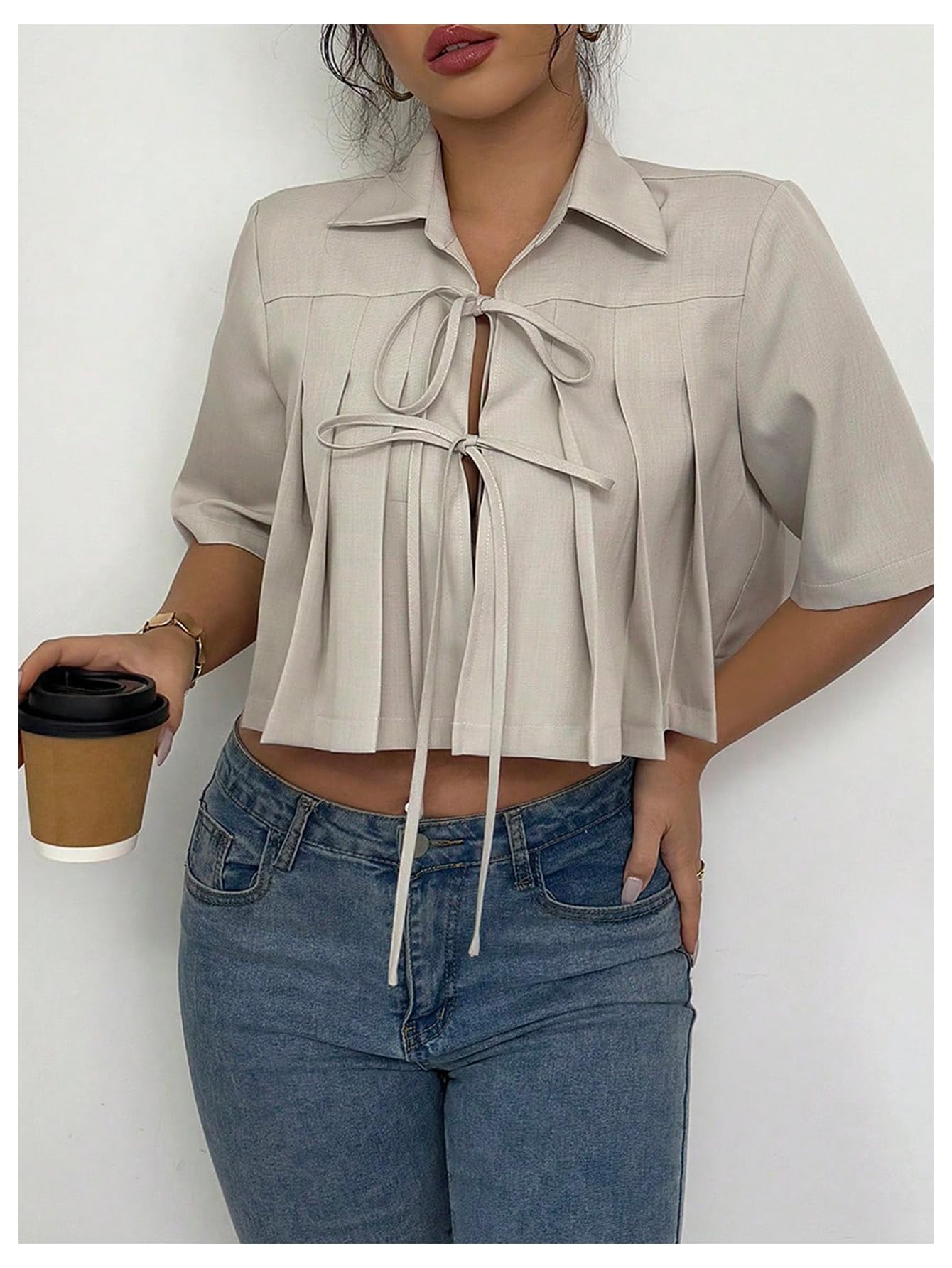 MakeMeChic Women's Bow Tie Front Blouse Half Sleeve Pleated Dressy Crop Tops