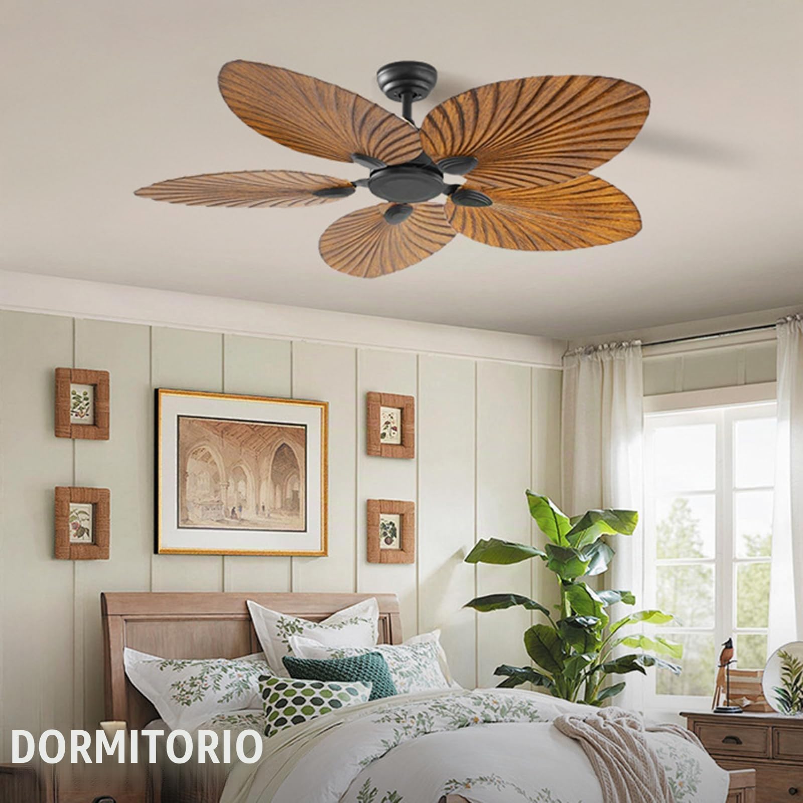 Ventiladores Tropicales Hoja De Palma, Ventilador Techo Exterior Tropical 52 Pulgadas Sin Luz, 5 Cuchillas Motor Tranquilo Reversible, Grano Madera para El Porche Patios 52''