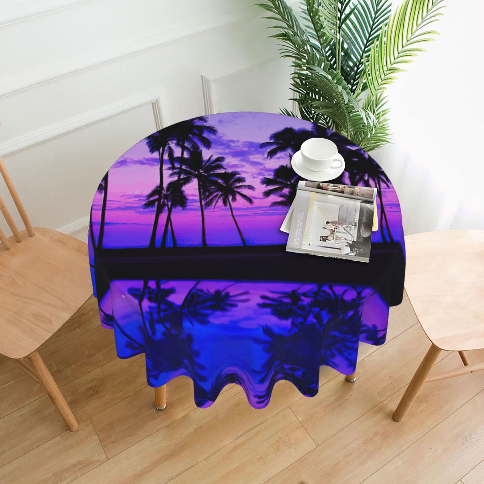 Uusnwaa Palm Tree Purple Sunset Print Round Tablecloth 60 Inch, Stain Wrinkle Resistant Washable Polyester Table Cover For Kitchen Party