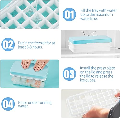 Miniatura 6 de Bandeja para cubitos de hielo con tapa y contenedor, molde de silicona para cubitos de hielo de 64 piezas, máquina de cubitos de hielo grande para