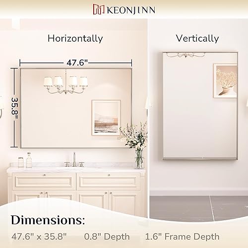 Miniatura 455 de Keonjinn Espejo de baño dorado de 48 x 36 pulgadas, espejo rectangular con marco de metal dorado cepillado, espejo de pared grande rectangular