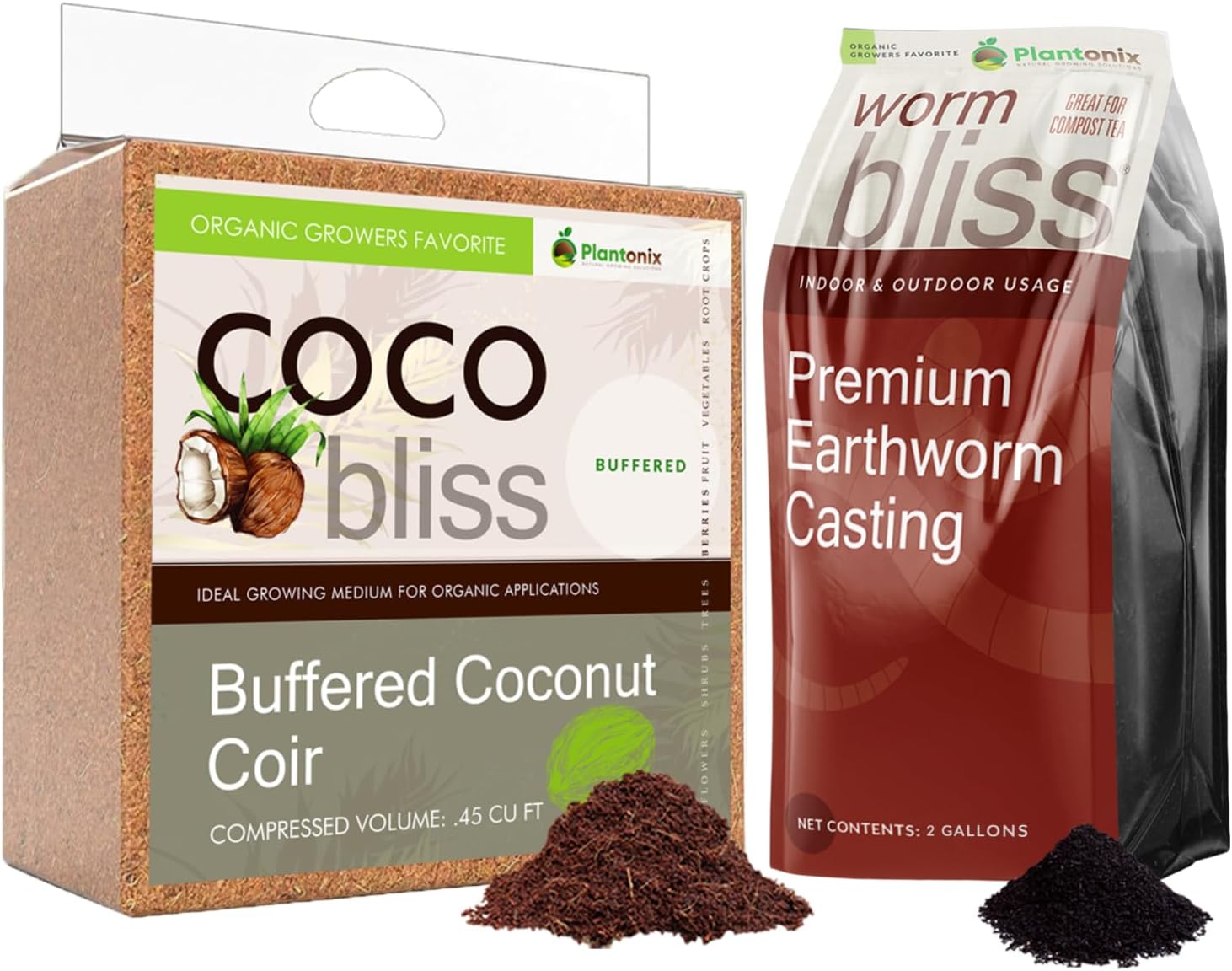 Buffered Coco Bliss (10lbs) + Worm Bliss (2 Gallons) - Buffered Coco Coir Brick & Organic Worm Castings for Plants - Coco Coir for Plants - Earthworm Castings Worm Fertilizer - Garden Soil Potting Mix