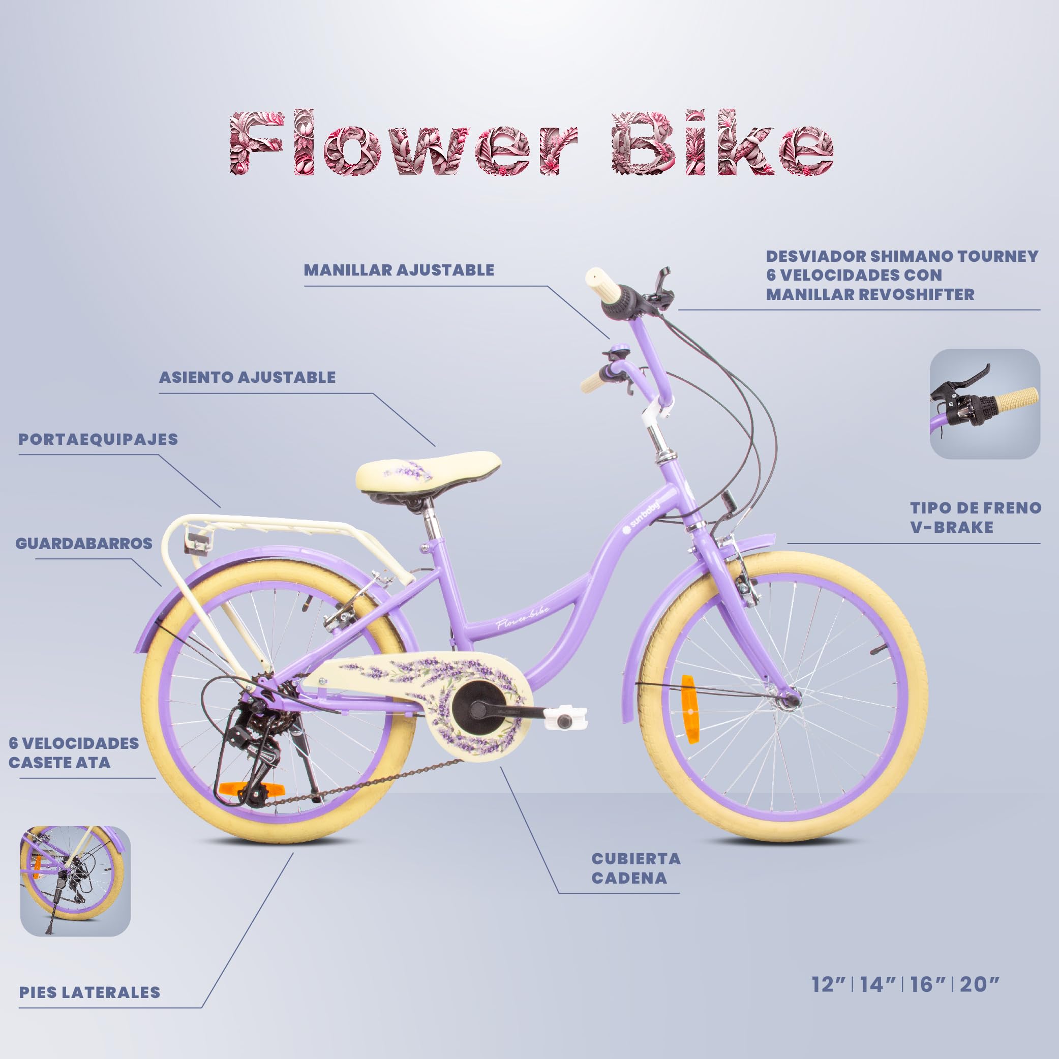 Bicicleta para niñas Flower Bike, tamaño de Rueda 20 Pulgadas, de 6 a 10 años, de 6 velocidades Shimano, de Altura Ajustable