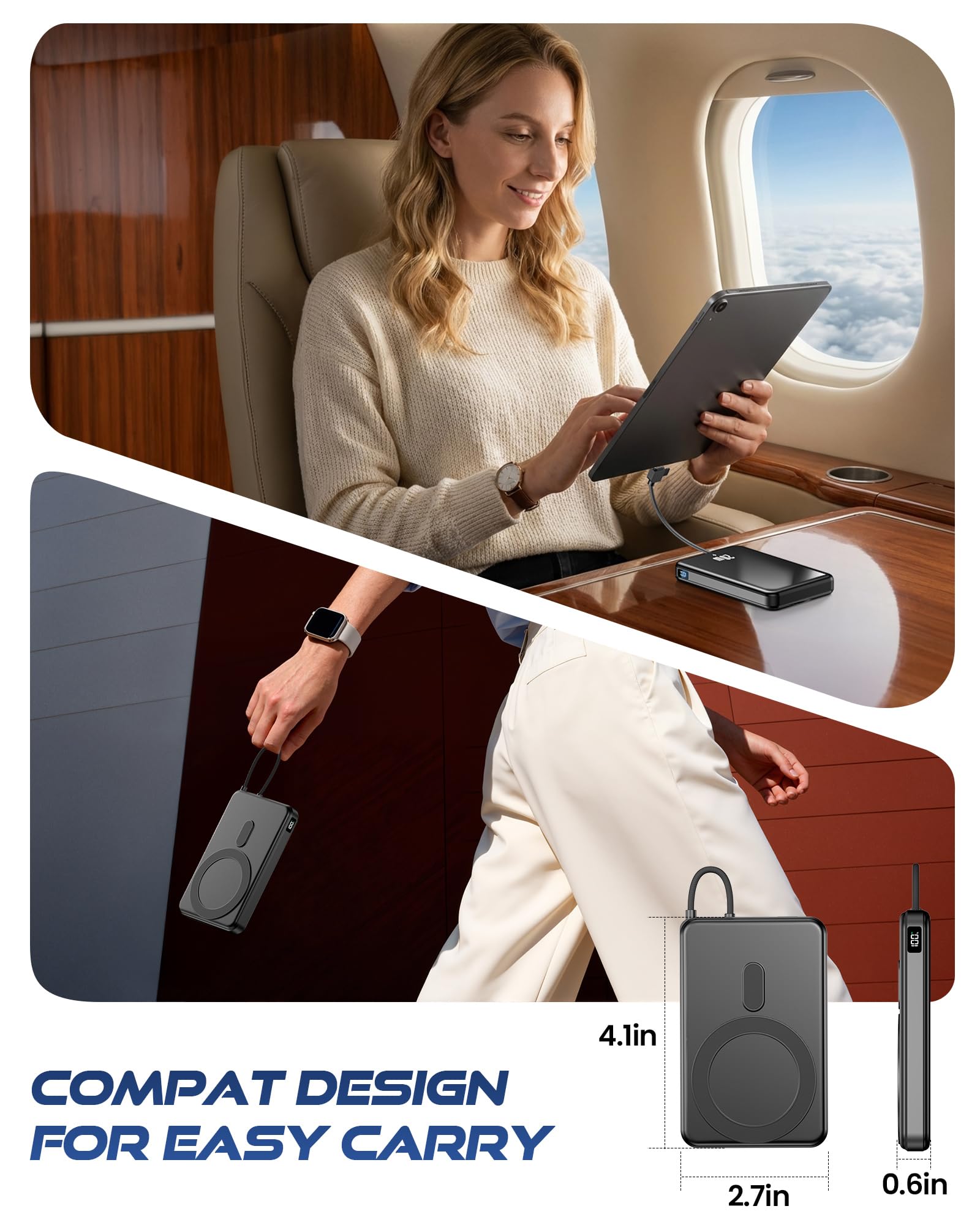 golioklsy Caricabatterie portatile Power Bank, 10000 mAh, caricabatterie per telefono con cavo integrato, ricarica rapida PD da 20 W, batteria sottile con display LED, essenziale da viaggio per iPhone