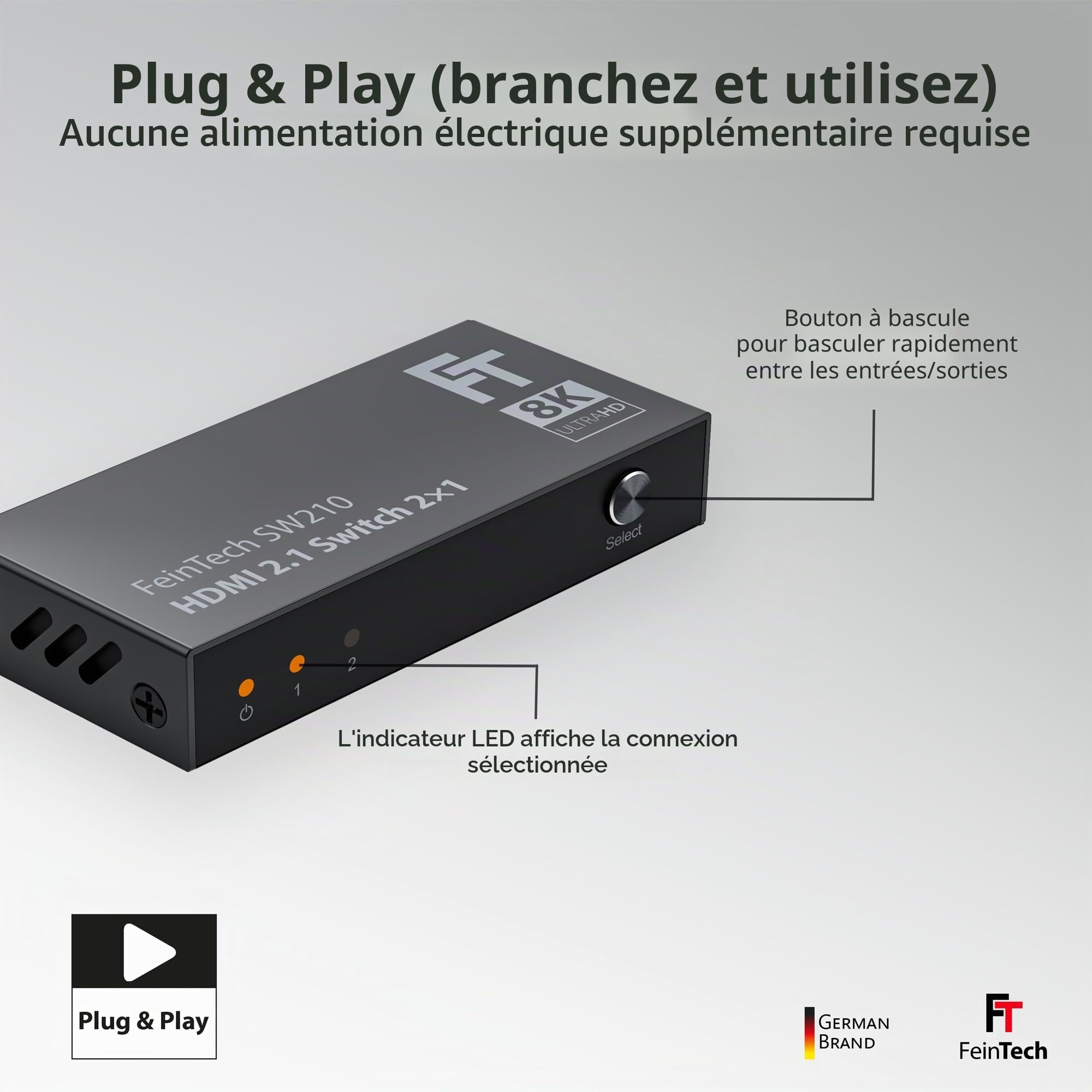 FeinTech SW210 Commutateur HDMI 2.1 Switch 4k 120Hz 2 in 1 Out ou 1 in 2 Out Bi-Directionnel, 8K, 48Gbps, Splitter Distributor, Supporte HDR, VRR, ALLM et Dolby Vision, HDCP 2.2 & 2.3