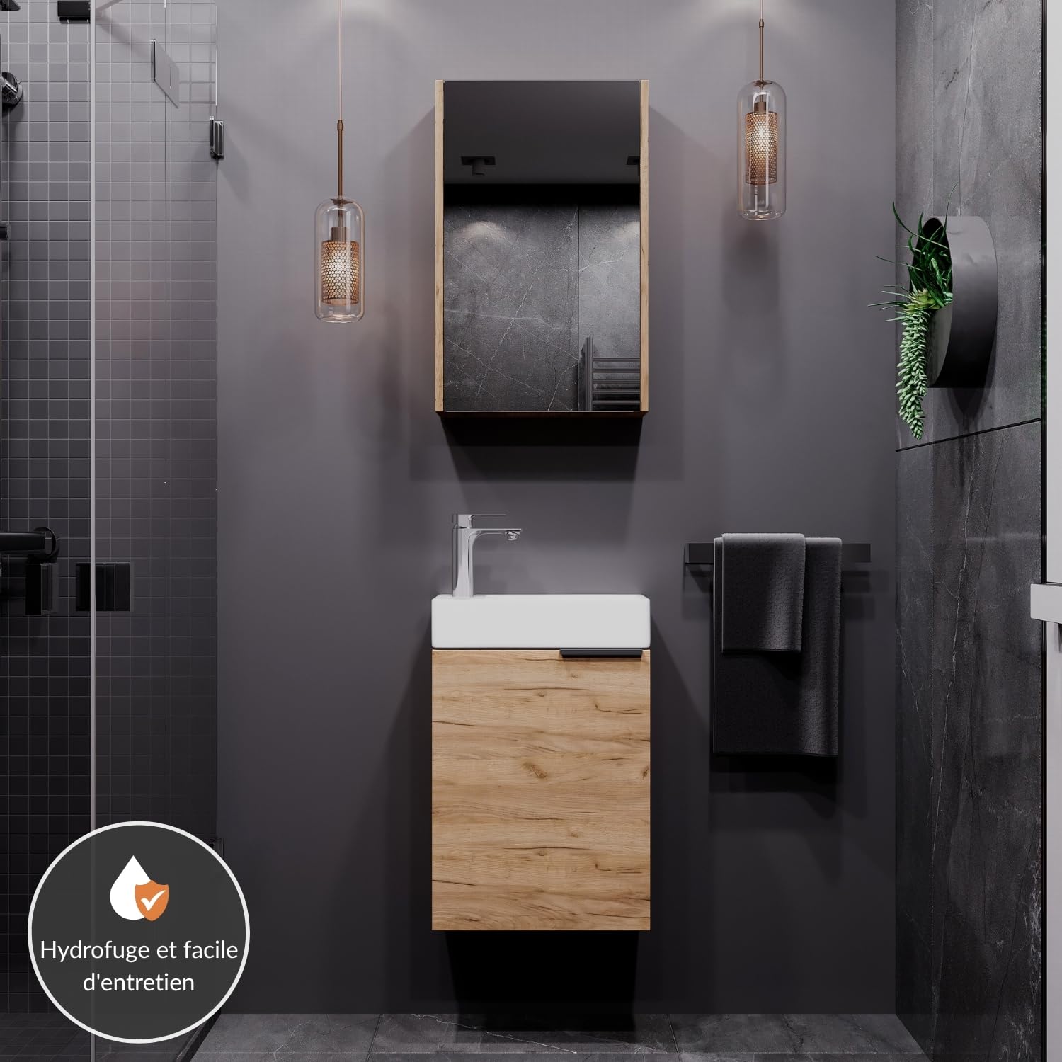 Planetmöbel Meuble sous lavabo avec Armoire de Toilette Ensemble de Meubles de Salle de Bain 40 cm pour Salle de Bain WC invités Chêne doré