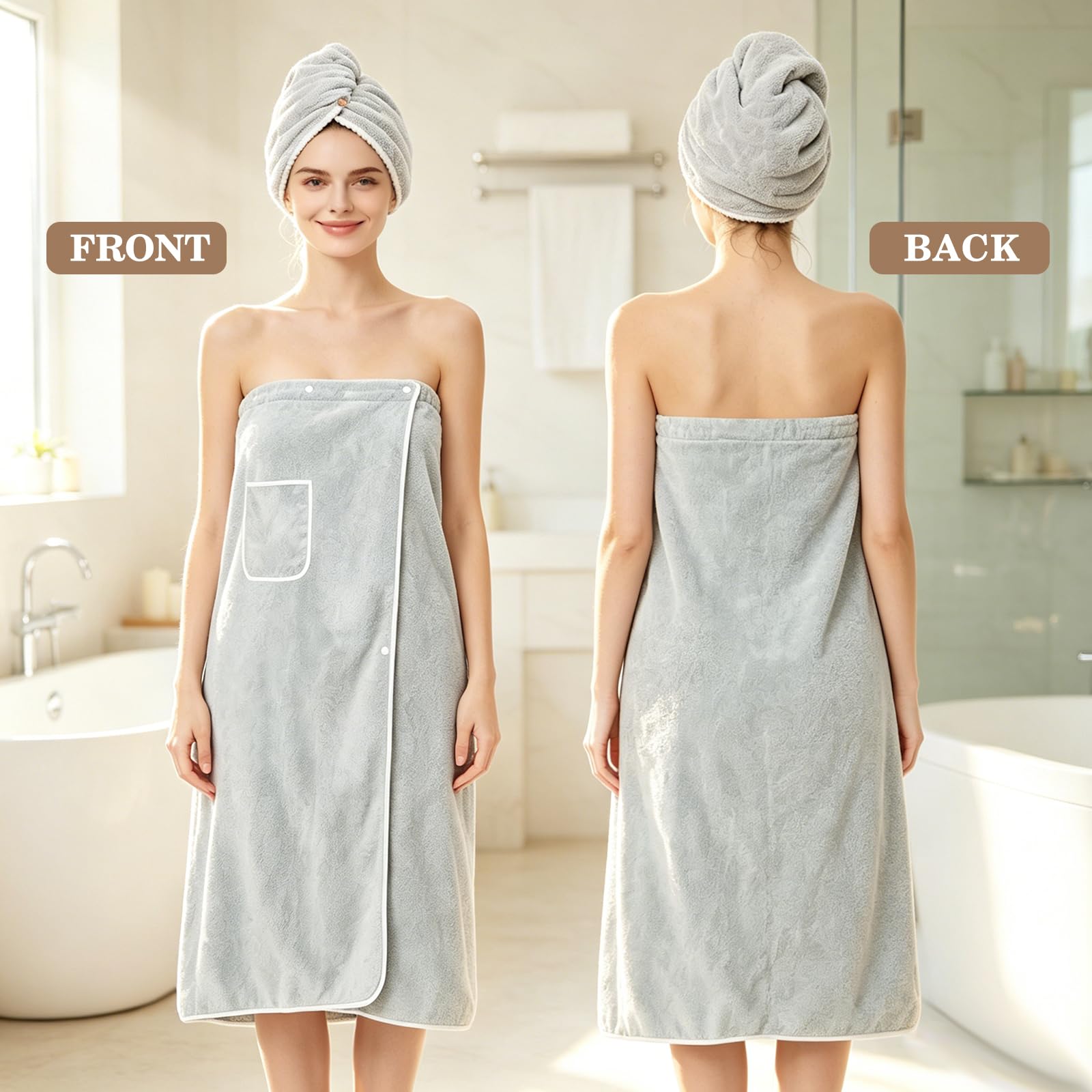 80x150 cm Kilt da Sauna Donna, Asciugamano da Sauna con Chiusura Regolabile a Bottoni e Tasche, Asciugamano per Capelli Accappatoio da Sauna da Donna per Doccia, Spiaggia, Piscina, Spa