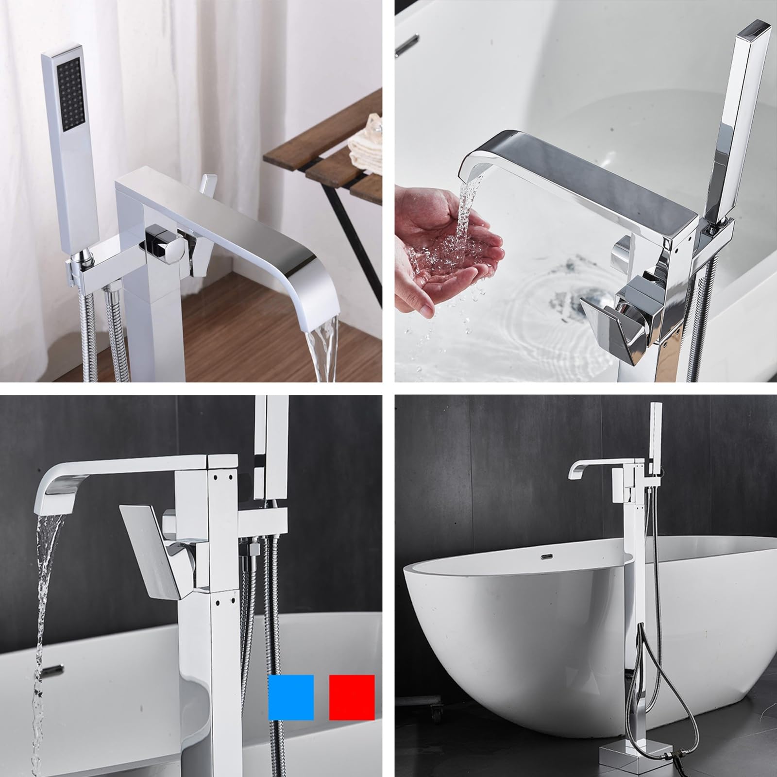 Grifo Mezclador de Bañera Y Ducha de Pie Grifos de Bañera Tipo Cascada Cromados Monomando de Latón con Ducha de Mano Grifo de Bañera de Pie Cromado