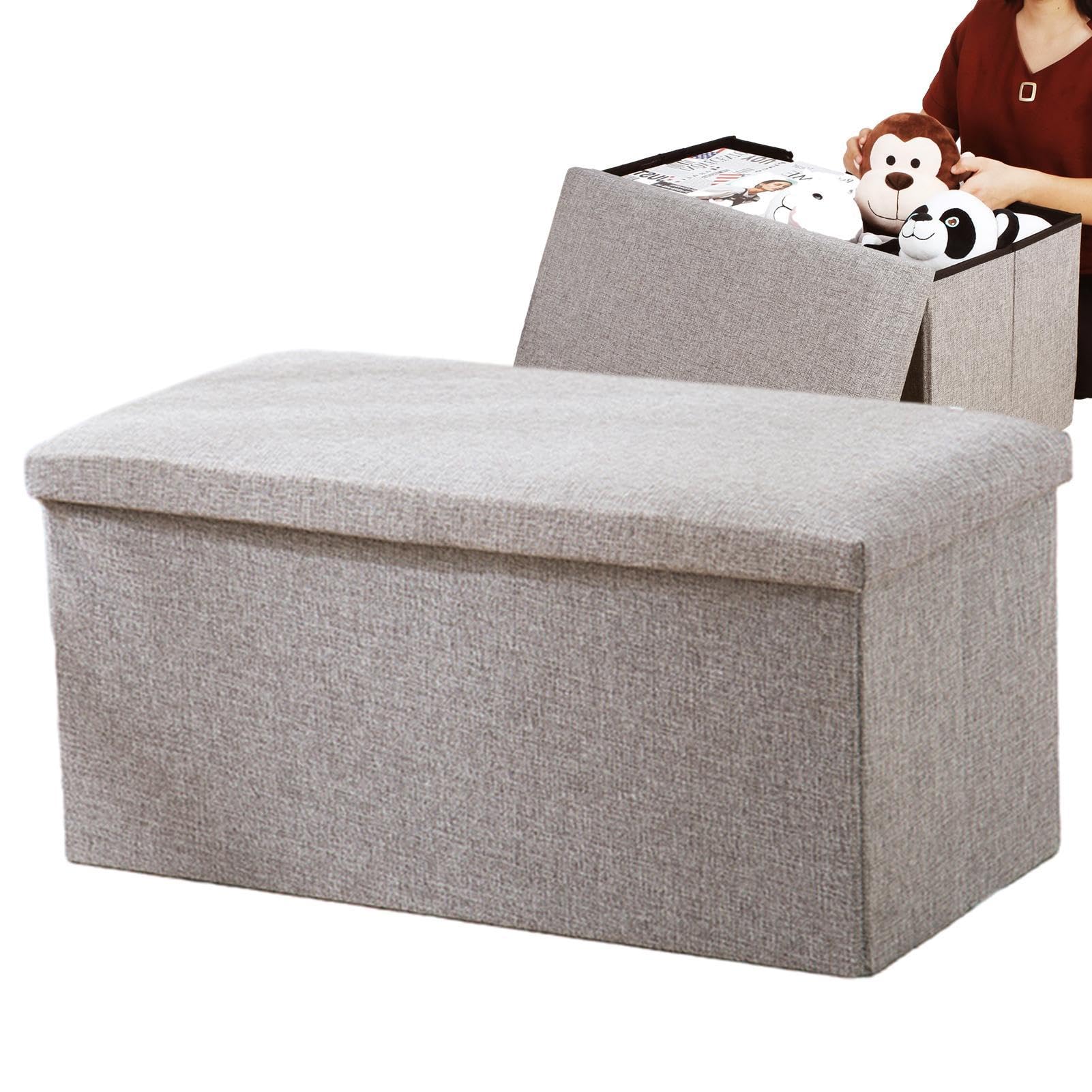 Banco otomano – Caja de almacenamiento de juguetes, taburete reposapiés | Cubo de lino de algodón de gran capacidad, otomana de almacenamiento plegable multifuncional acolchada con tapa para libros,