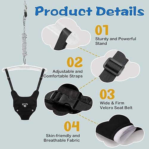 Vista 3 de G TALECO GEAR Saltador de bebé con gancho de techo para bebés y niños pequeños con cadena ajustable, rebotadores para interiores/exteriores, Negro