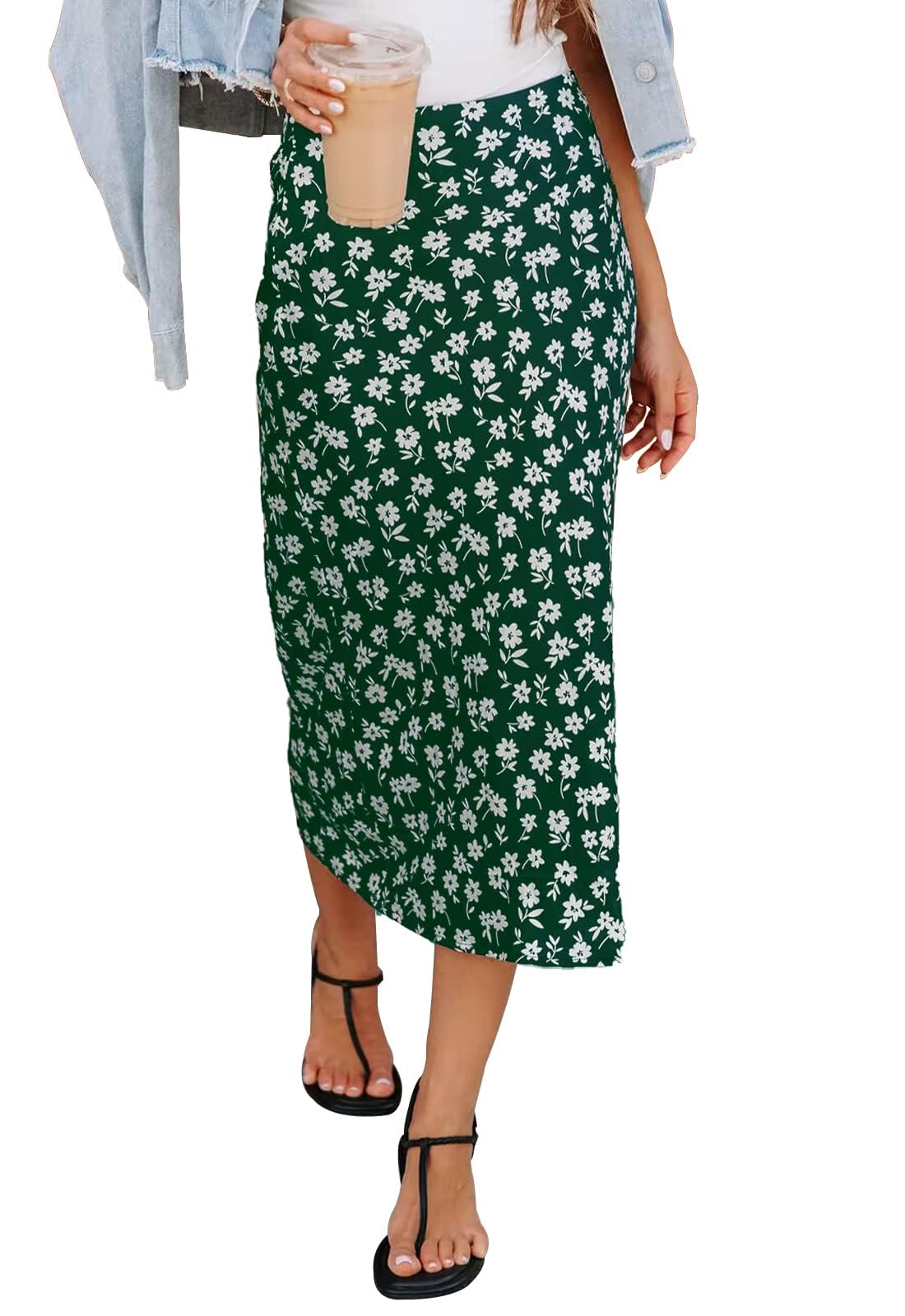 HERBATOMIA Women’s Midi Floral Print Skirt Vintage Long Boho Casual High Elastic Waist Zipper Skirts for Women