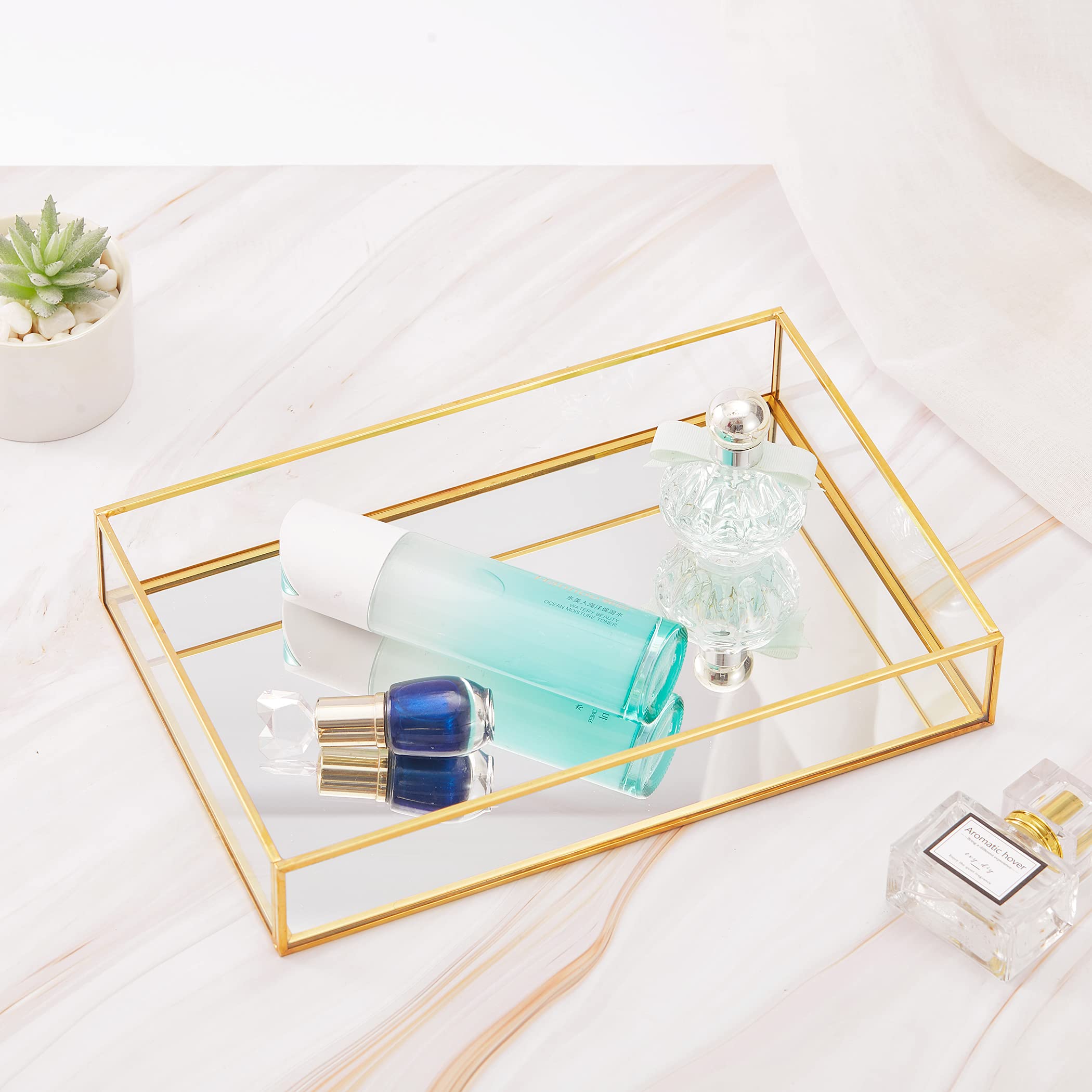 Złota taca dekoracyjna z lustrem biżuteria organizer na perfumy taca toaletkowa, dekoracyjna taca do komody, łazienka sypialnia przechowywanie kosmetyków, 30 cm x 20 cm x 5 cm