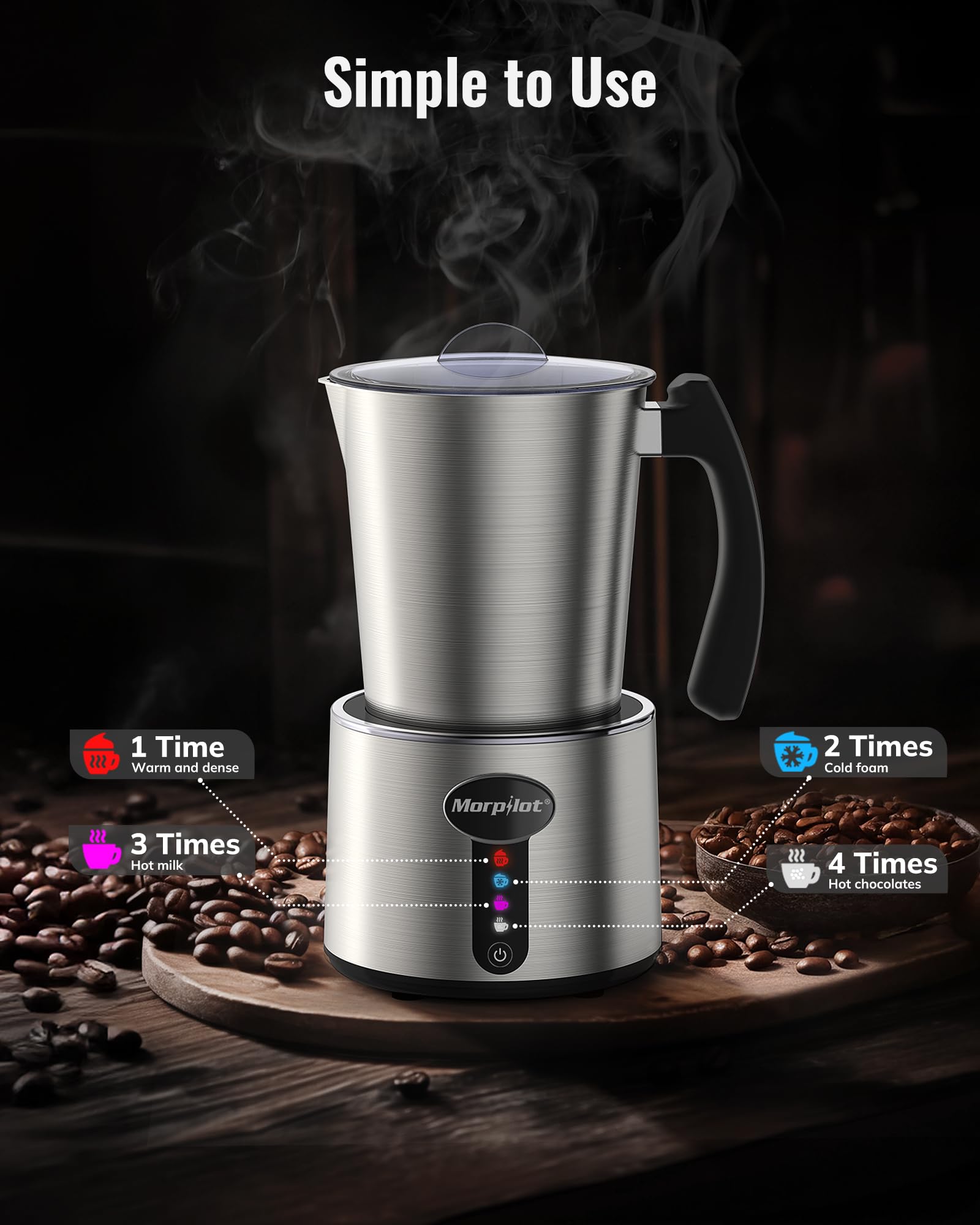 Morpilot Montalatte Elettrico Milk Frother in Acciaio Inossidabile 4 in 1 Funzione Capacità Massima 230ml Cappuccino o 500 ml Latte Caldo