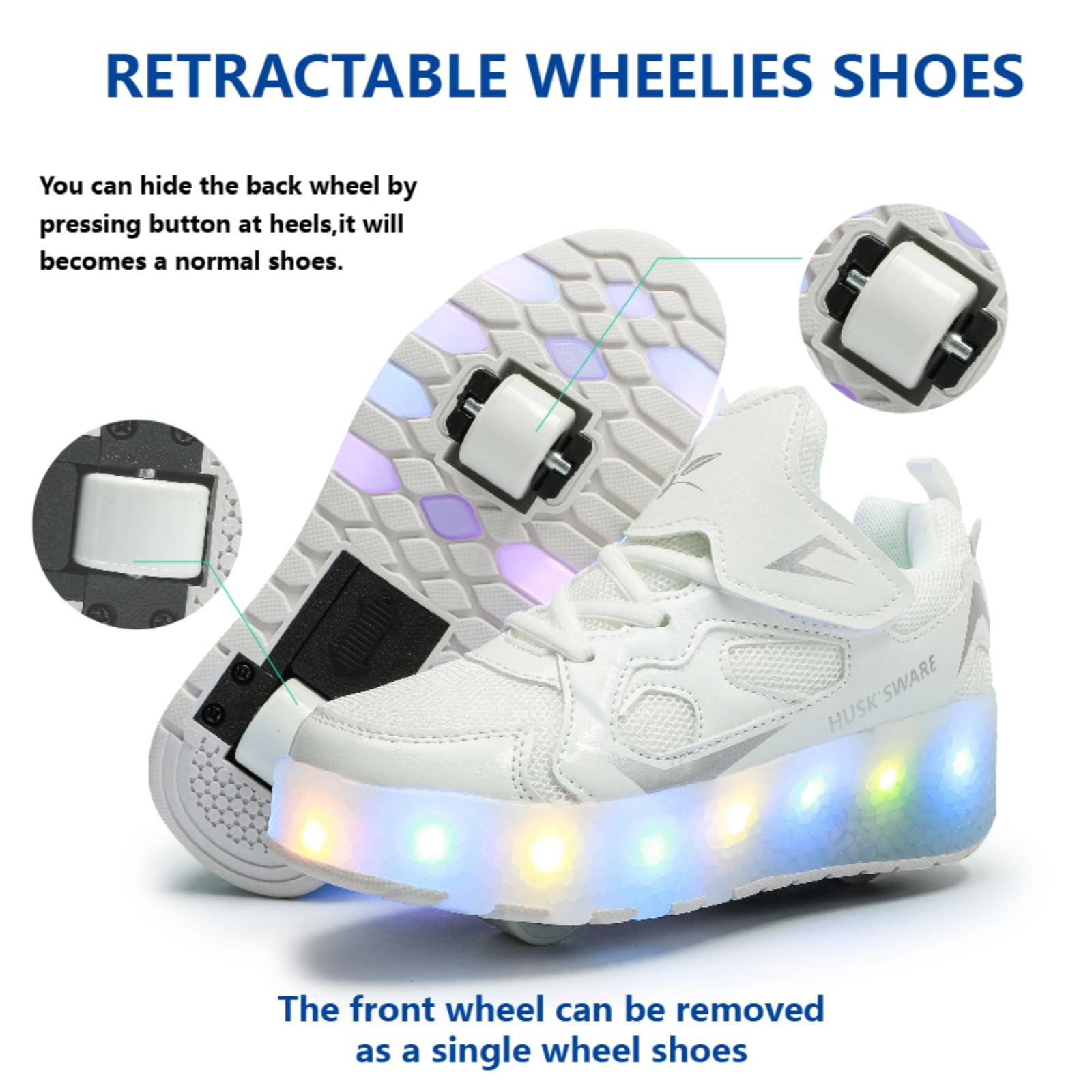 HUSKSWARE Chaussures de Skate à Deux Roues pour Enfants, avec lumière Changeante Ajustable et Recharge USB, Universel pour garçons et Filles, Noir, Rose, Or, Argent, Tailles 28 à 41 EU.