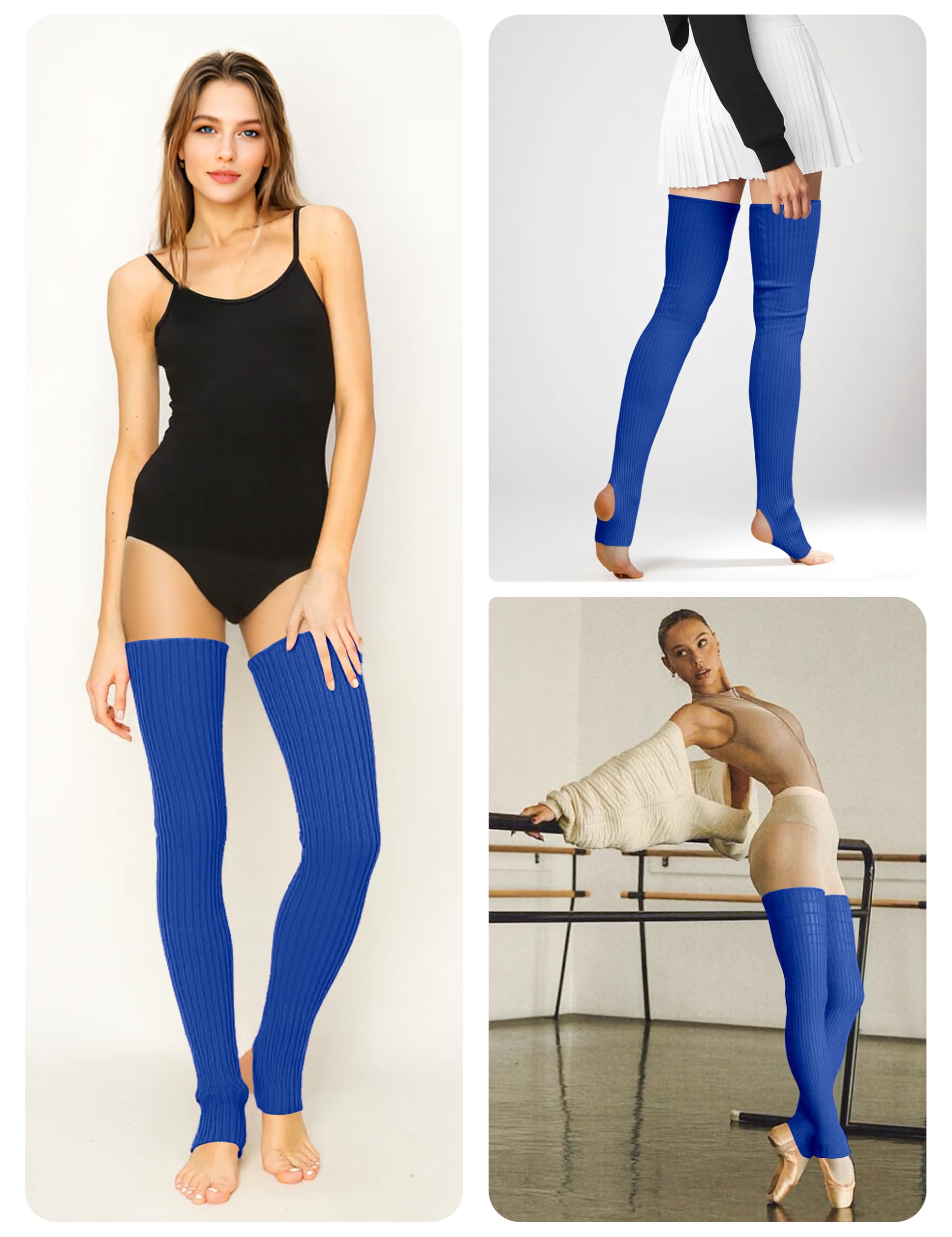 v28 Women Girls Thigh High Neon Ribbed Long 80s 90s Party Skating Leg Warmers: One Size Hole86 -Blue