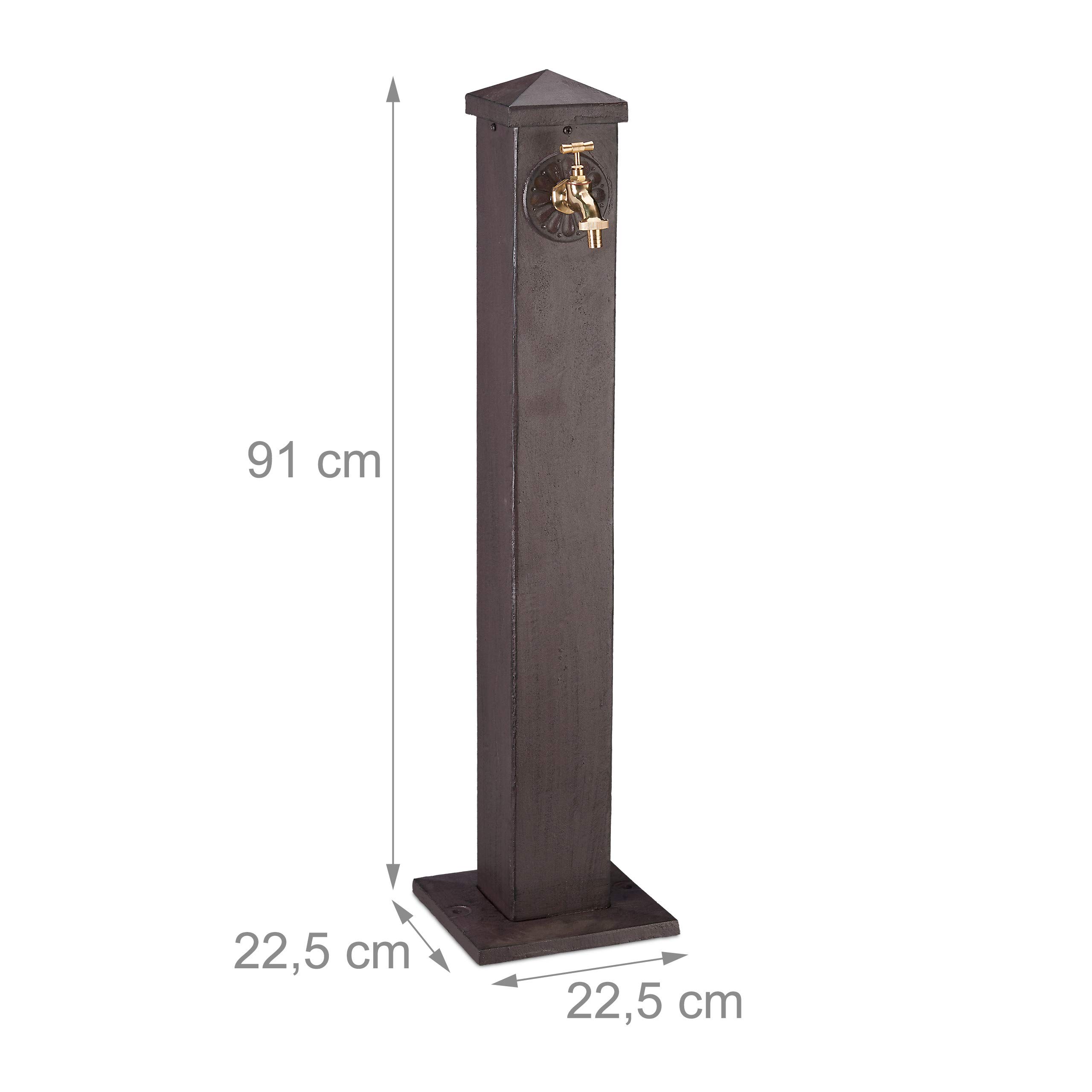 Relaxdays Wasserzapfsäule, eckig, antikes Design, mit Wasserhahn, 3/4 Zoll Anschluss, Garten Standbrunnen, 91 cm, braun