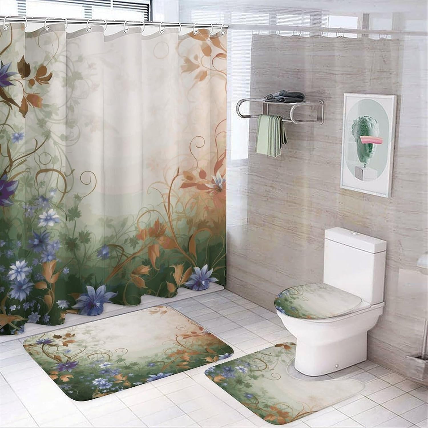 Floral Swirls Ivy 4Pcs Shower Curtain Set with Non-Slip Rugs, Toilet Lid Cover and Bath Mat,Bathroom Set Decor Accessories,Curtain Set with 12 Hooks, 72 X 72 Inch