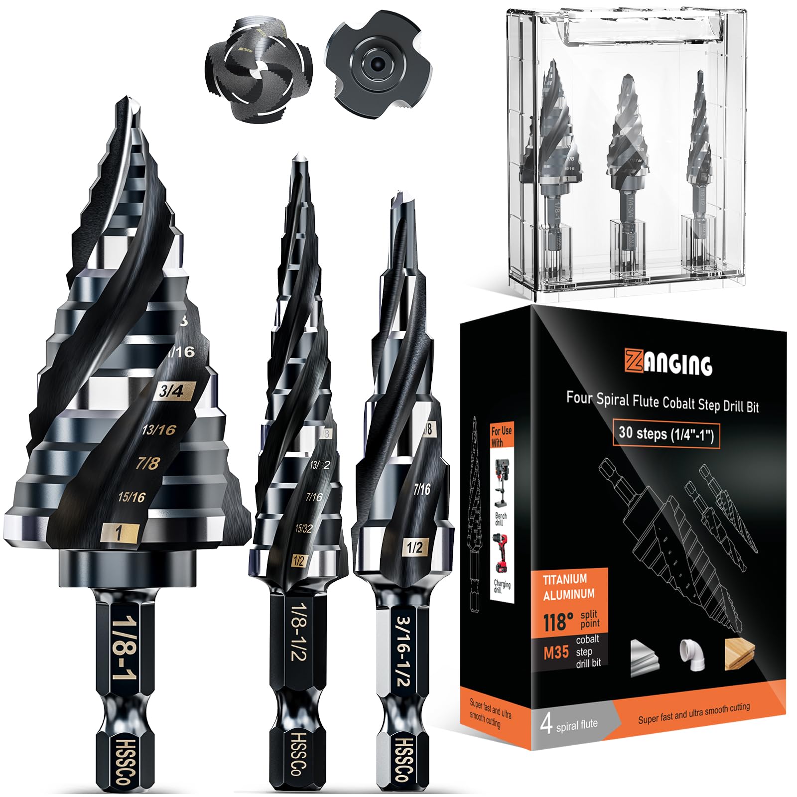 Juego de brocas escalonadas de cuatro flautas en espiral para metal, juego de brocas escalonadas Unibit de cobalto M35 de 1/4 a 1 pulgada (30 piezas), revestimiento AlTiN resistente al desgaste
