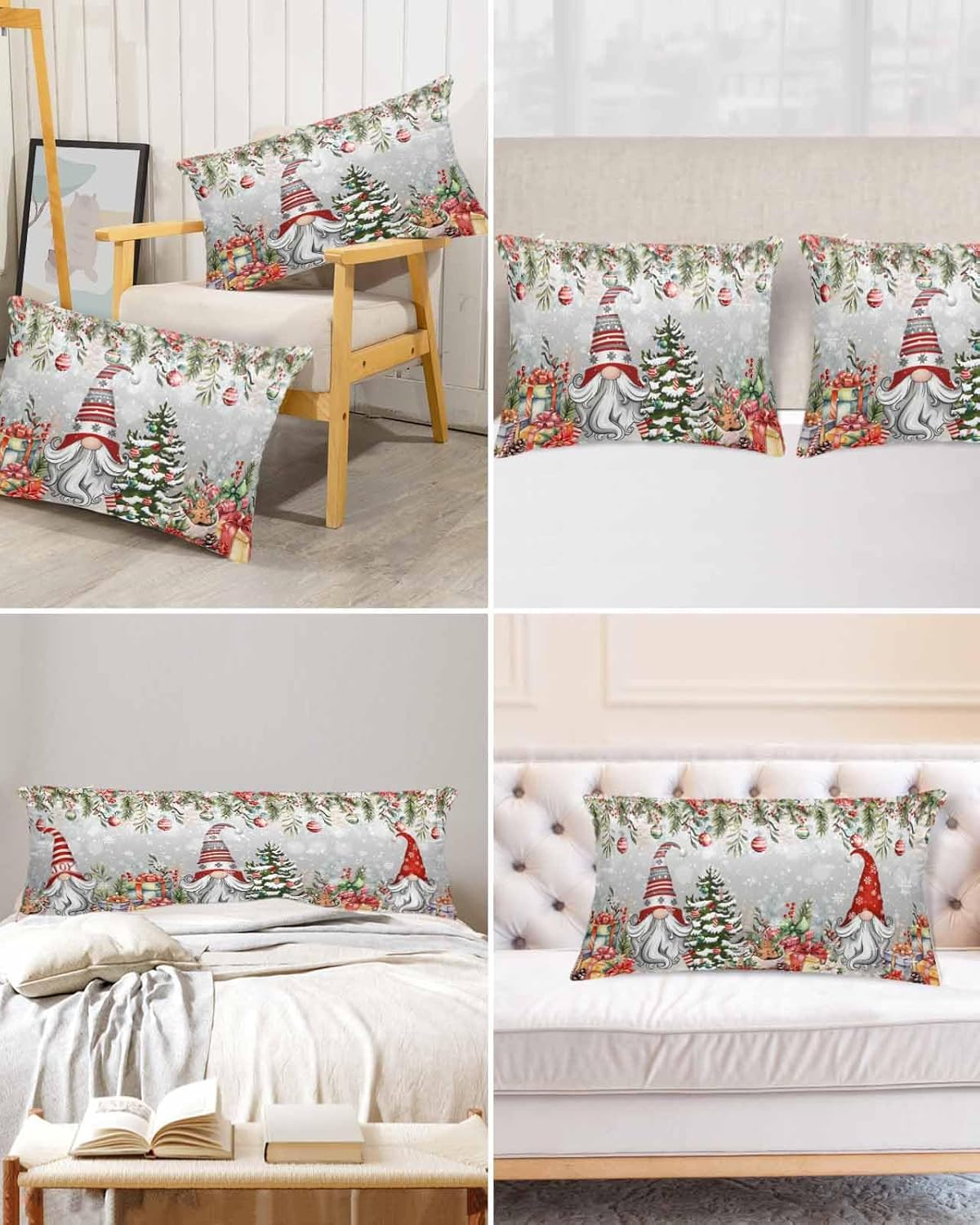 Grey Gnomes Christmas Pillow Cases Queen Size Set of 2, Red Xmas Balls Snowflake Tree Satin Pillowcase with Zipper for Hair/Skin, Decorative Pillow Covers for Bed/Couch/Sofa, 20x30 Inches