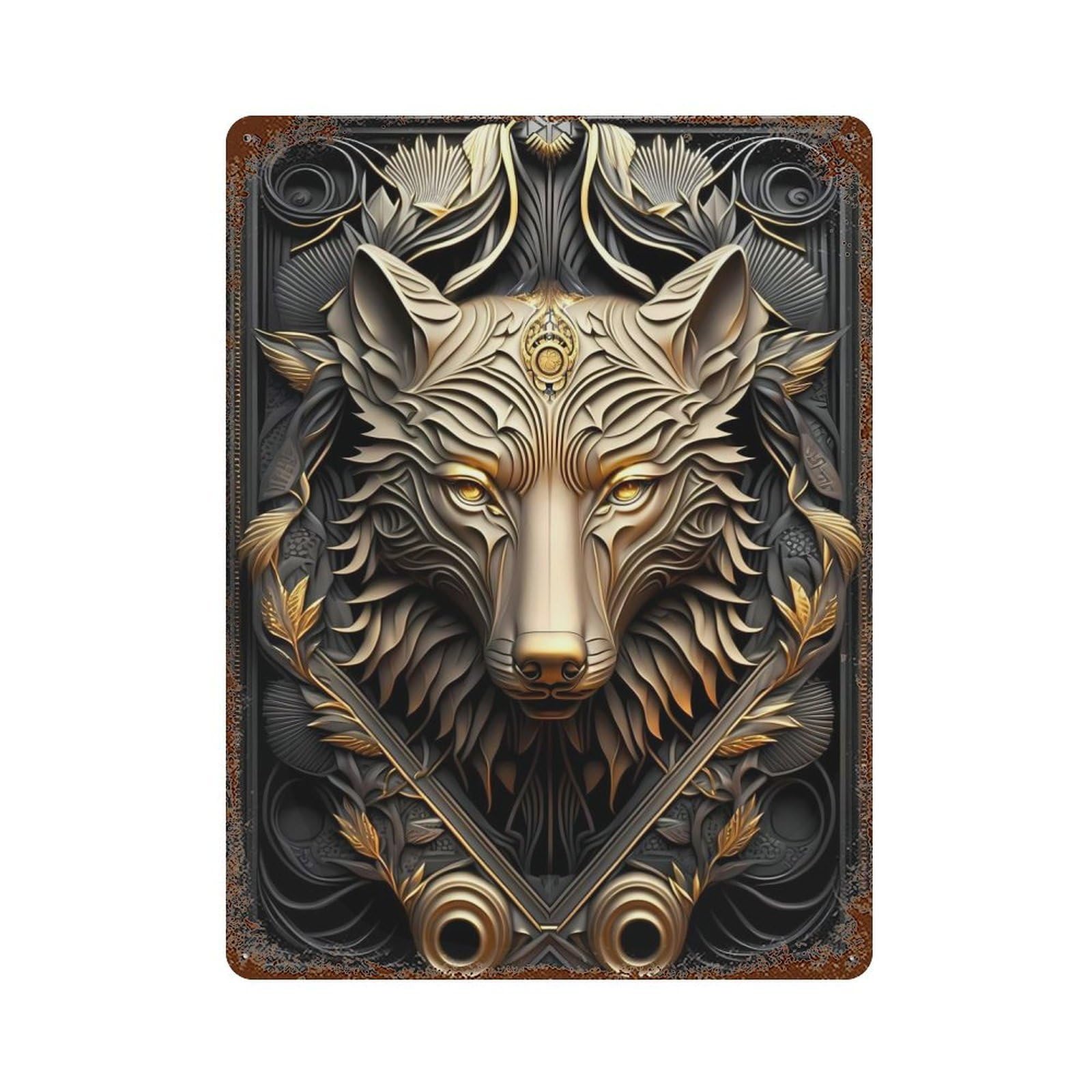 Garage Style Imperial Golden Wolf Aged Metal Wall Plaque 15.7"x11.8", Novelty Wall Decor for Bar And Workshop