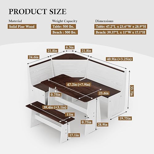 Miniatura 3 de Juego de mesa de comedor para rincón de desayuno – Rincón de desayuno estilo cabina con banco en L, juego de mesa de comedor de madera marrón claro