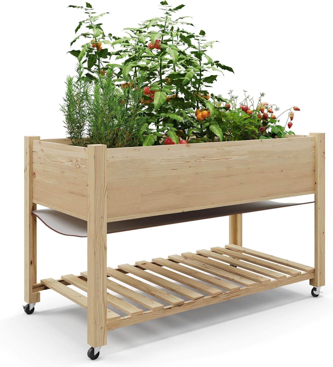 48x24x32in Wood Raised Garden Bed, Bottom Shelf for Flowers, Veggies, Elevated Planter Box Stand for Backyard, Patio, 4 Legs, Lockable Wheels, Protective Liner, Natural