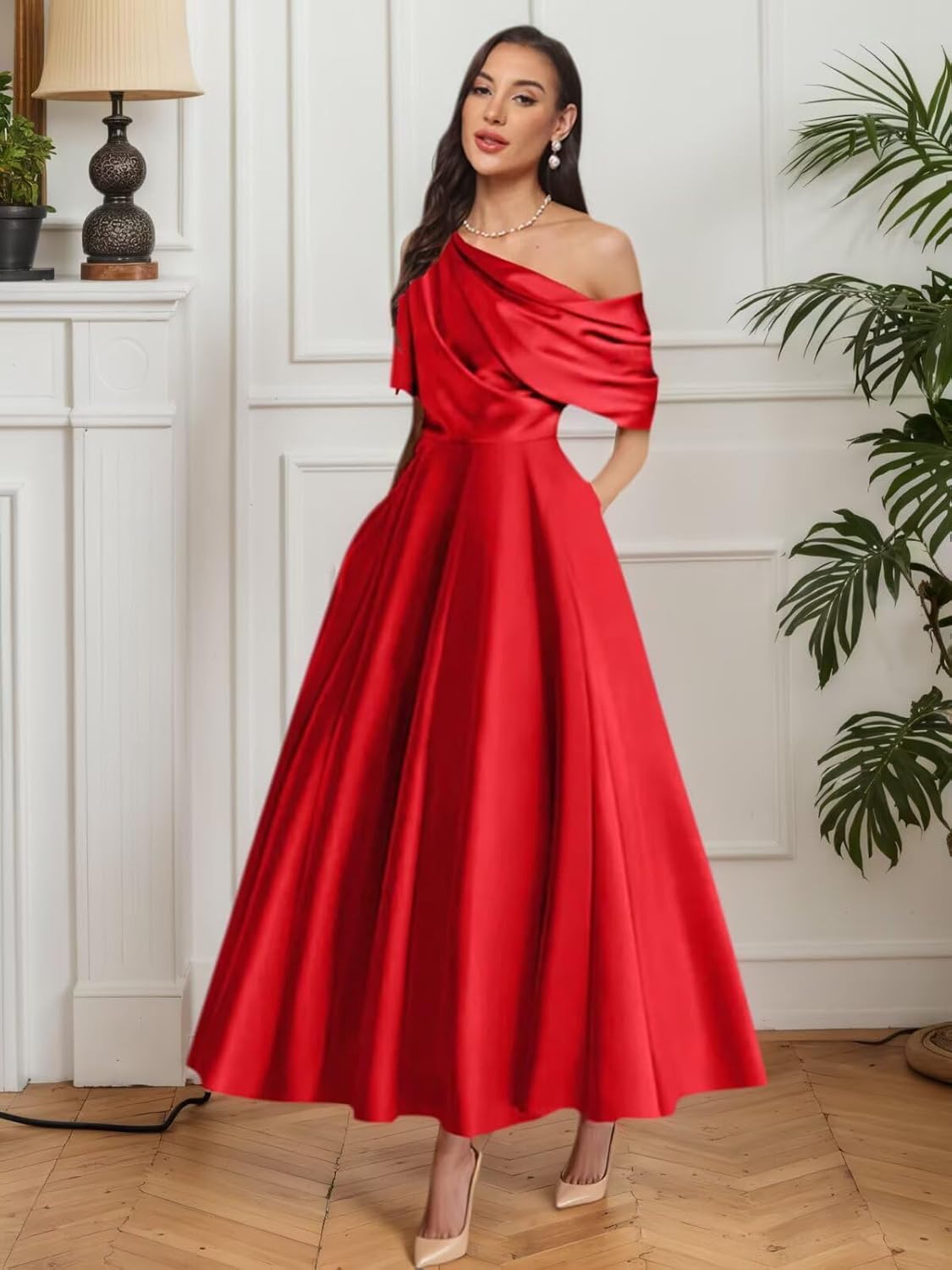 One Shoulder Satin A Line Mother of The Bride Dresses Tea Length Formal Evening Gown with Pockets for Wedding Guest