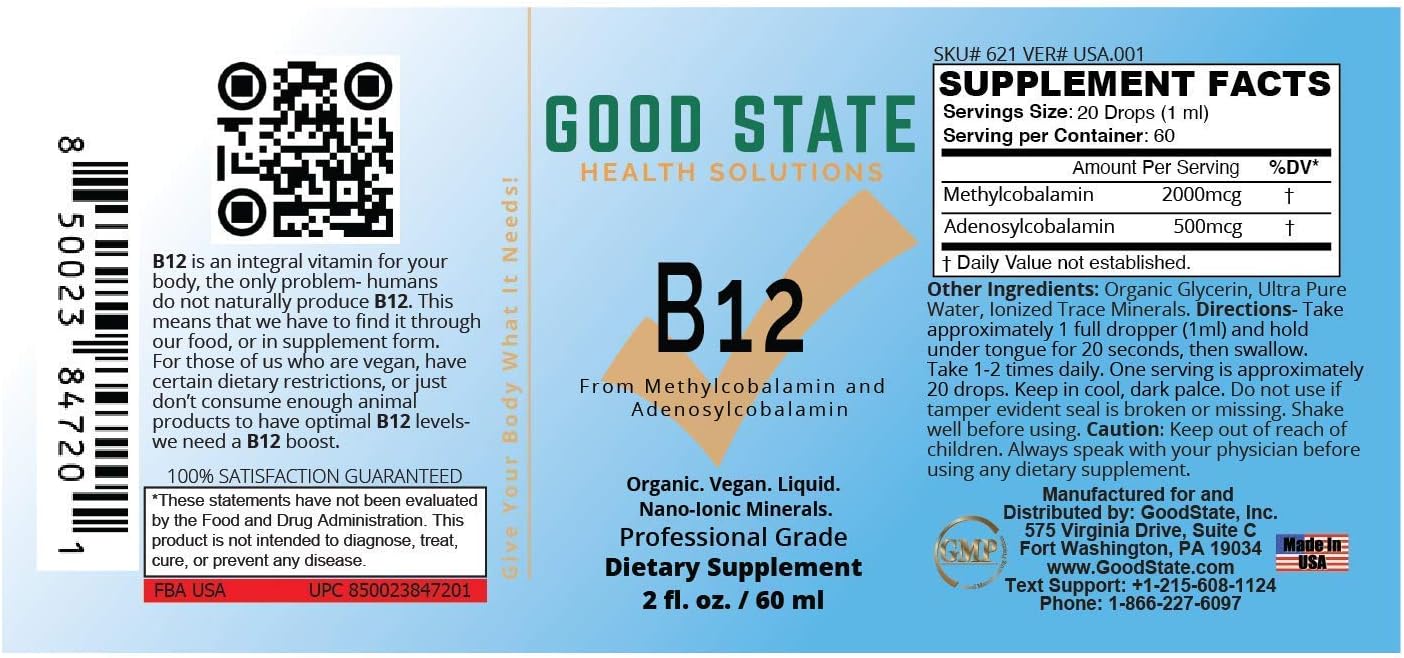 Good State Vitamin B12 Liquid Mineral Supplement | Vegan, Organic and Professional Grade B12 Vitamins Sublingual Liquid | Nano-Ionic for Optimal Absorption | 2 Fl oz Bottle