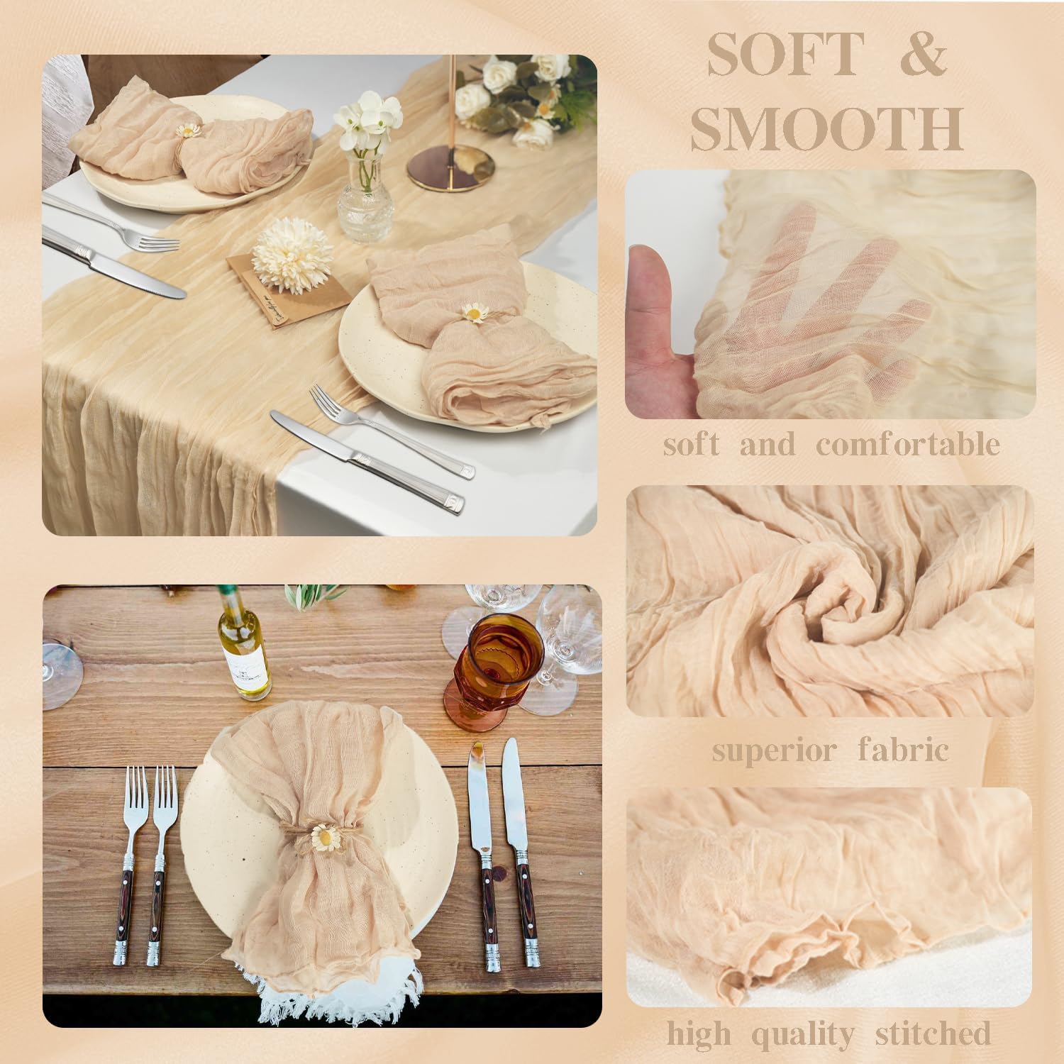 ベージュチーズクロスナプキン 20 x 20インチ ガーゼ チーズクロスナプキン バルク ベージュ チーズクロス ナプキン しわ付き