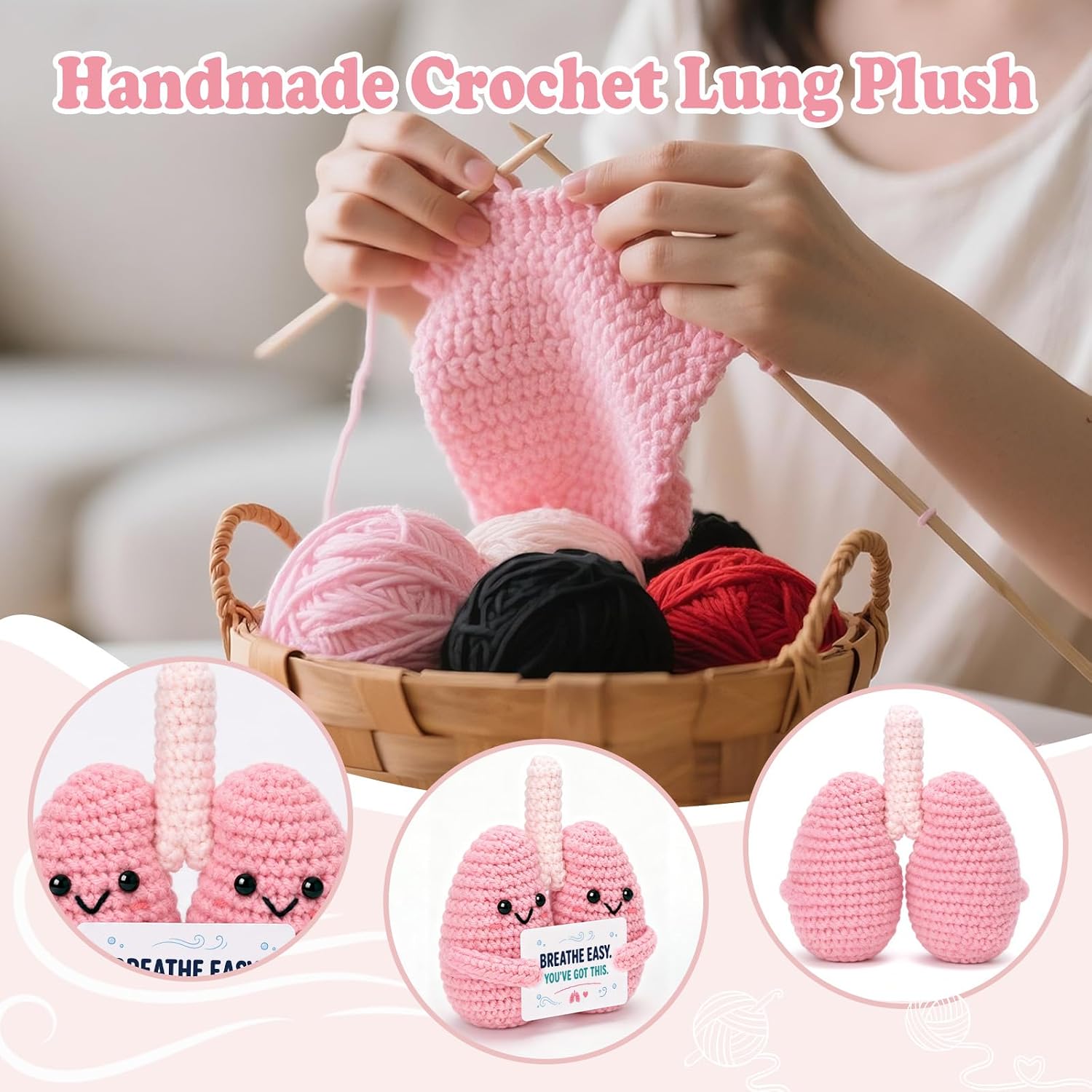Lung Cancer Gifts for Survivor, Lung Transplant Surgery Gift Handmade Crochet Pink Organ Plush with Encouragement Card, Get Well Soon Revovery Gift for Women Men