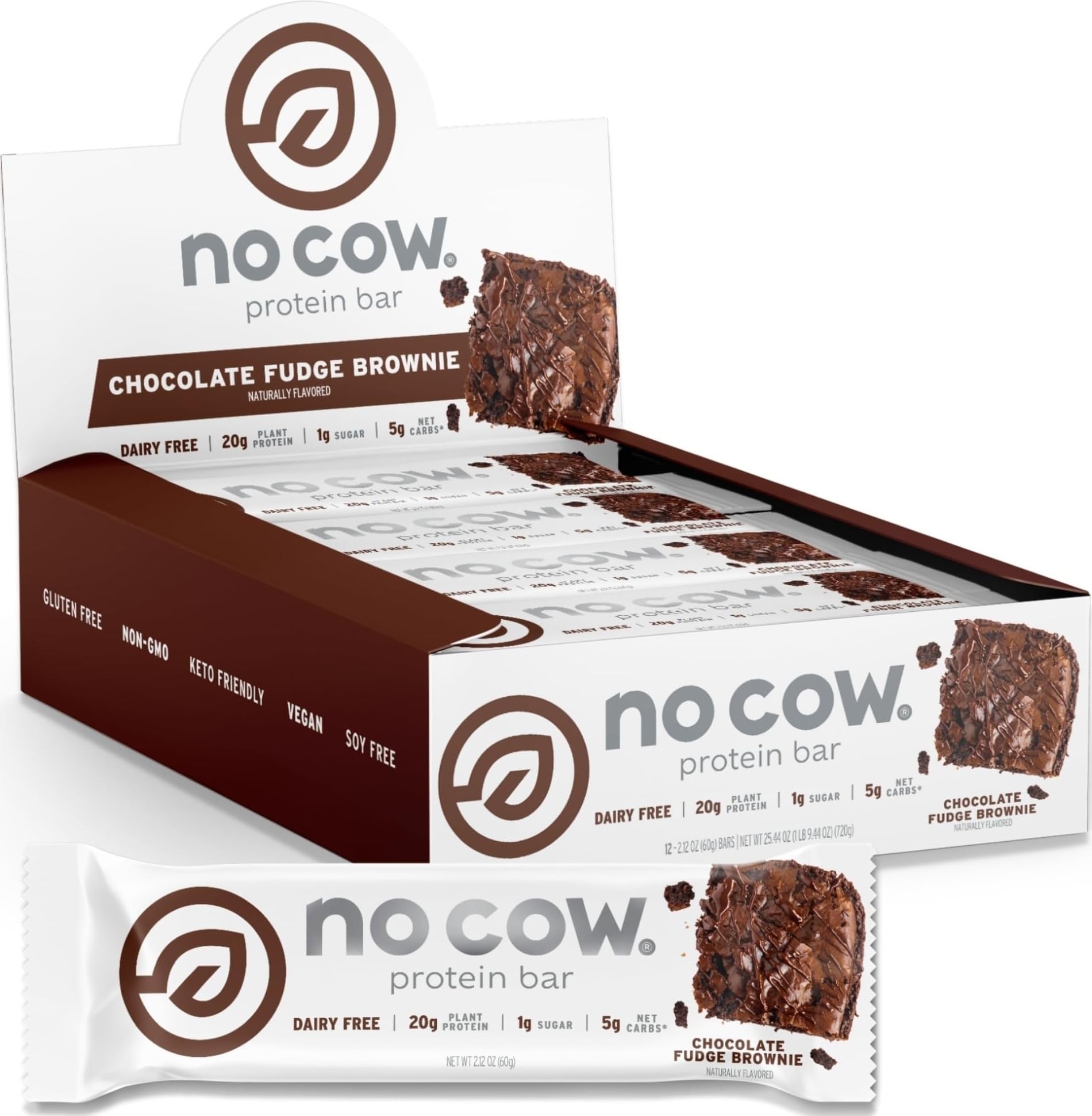 Chocolate Fudge Brownie Vegan Protein Bars, 12 Pack | 20g High Plant-Based Protein, High Fiber, Low Sugar, Gluten-Free, Dairy-Free, Soy-Free, Keto-Friendly Snack Bars