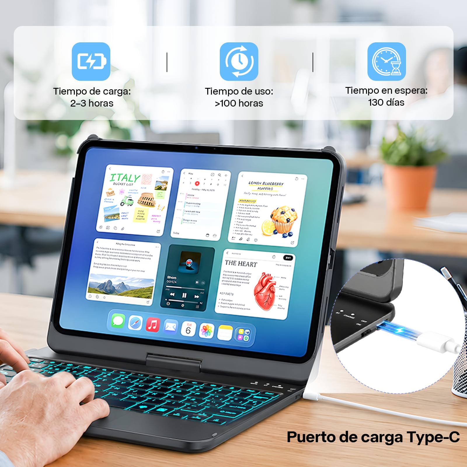 KBCASE Funda con Teclado para iPad Pro 11" (M5/M4, 2025/2024), Teclado Giratorio 360° con Panel Táctil, Iluminación Trasera de 7 Colores (Negro)