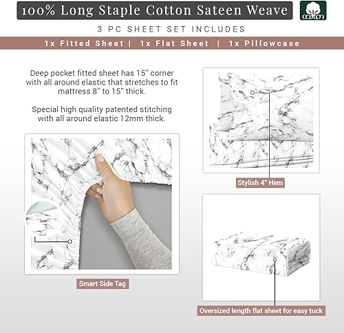 Miniatura 10 de Pizuna Juego de sábanas de algodón gris con estampado de rayas en cascada California King, 400 hilos, 100% algodón de fibra larga, sábanas de satén