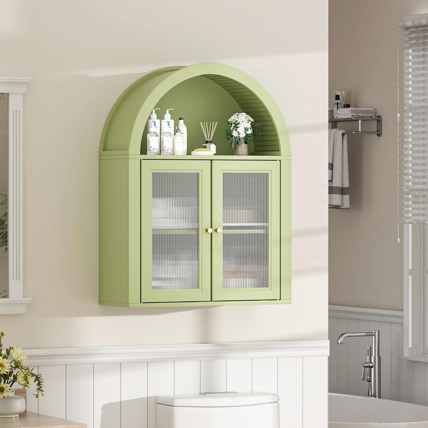 Bathroom Wall Cabinet, Arched Cabinet Wall Mount, 2 Acrylic Doors, 1 Adjustable and Removable Shelf, for Laundry Room, Living Room, Restroom, Kitchen, Green